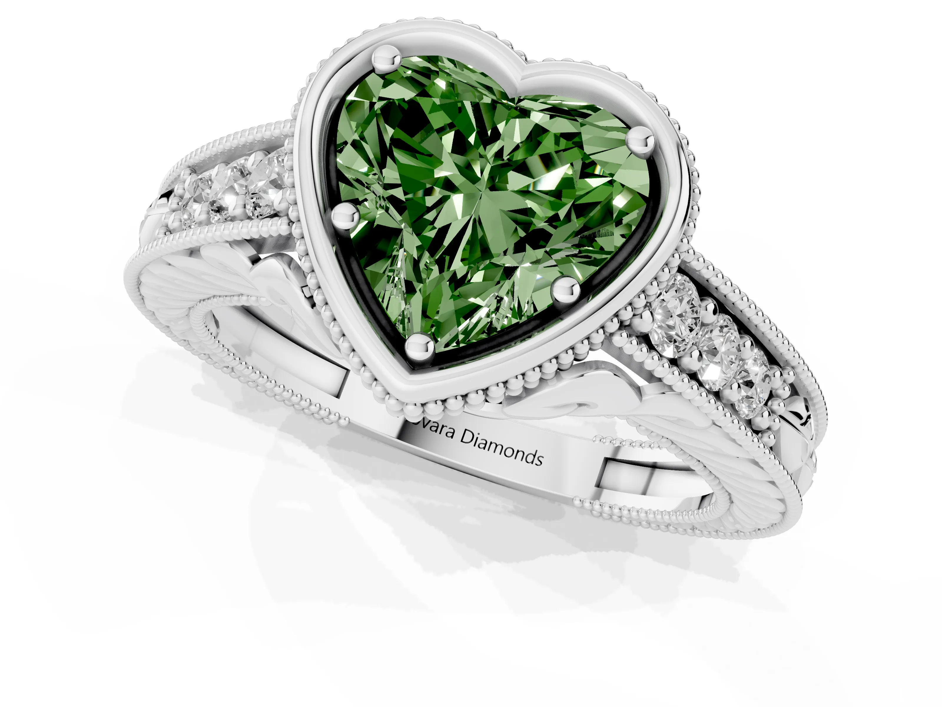 Fancy Green Bezel Set Heart Cut Diamond Milgrain Pavé Engagement Ring Set in Silver
