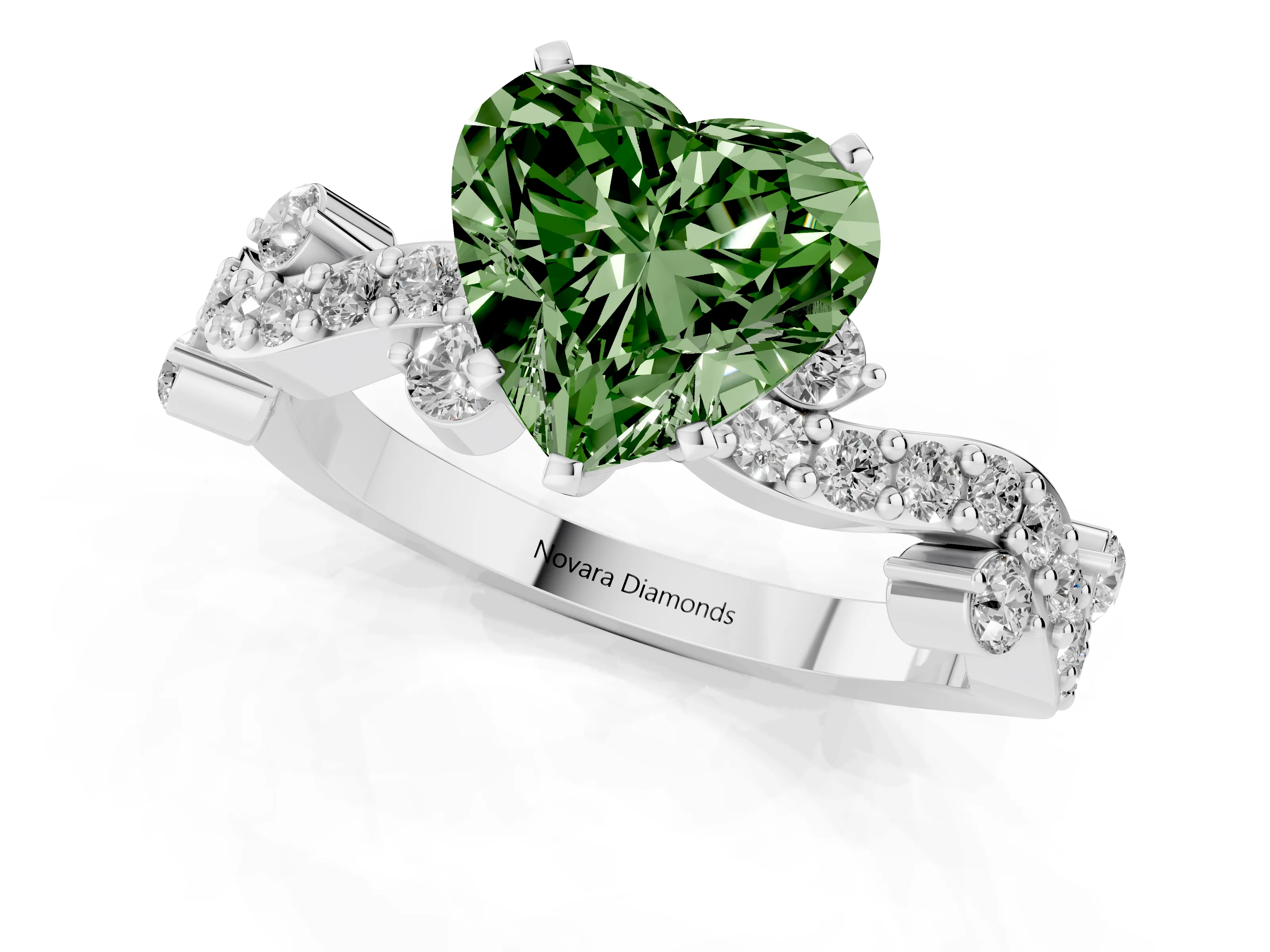 Fancy Green Heart Cut Diamond Solitaire Twisted Band Set in Platinum with Pavé Setting