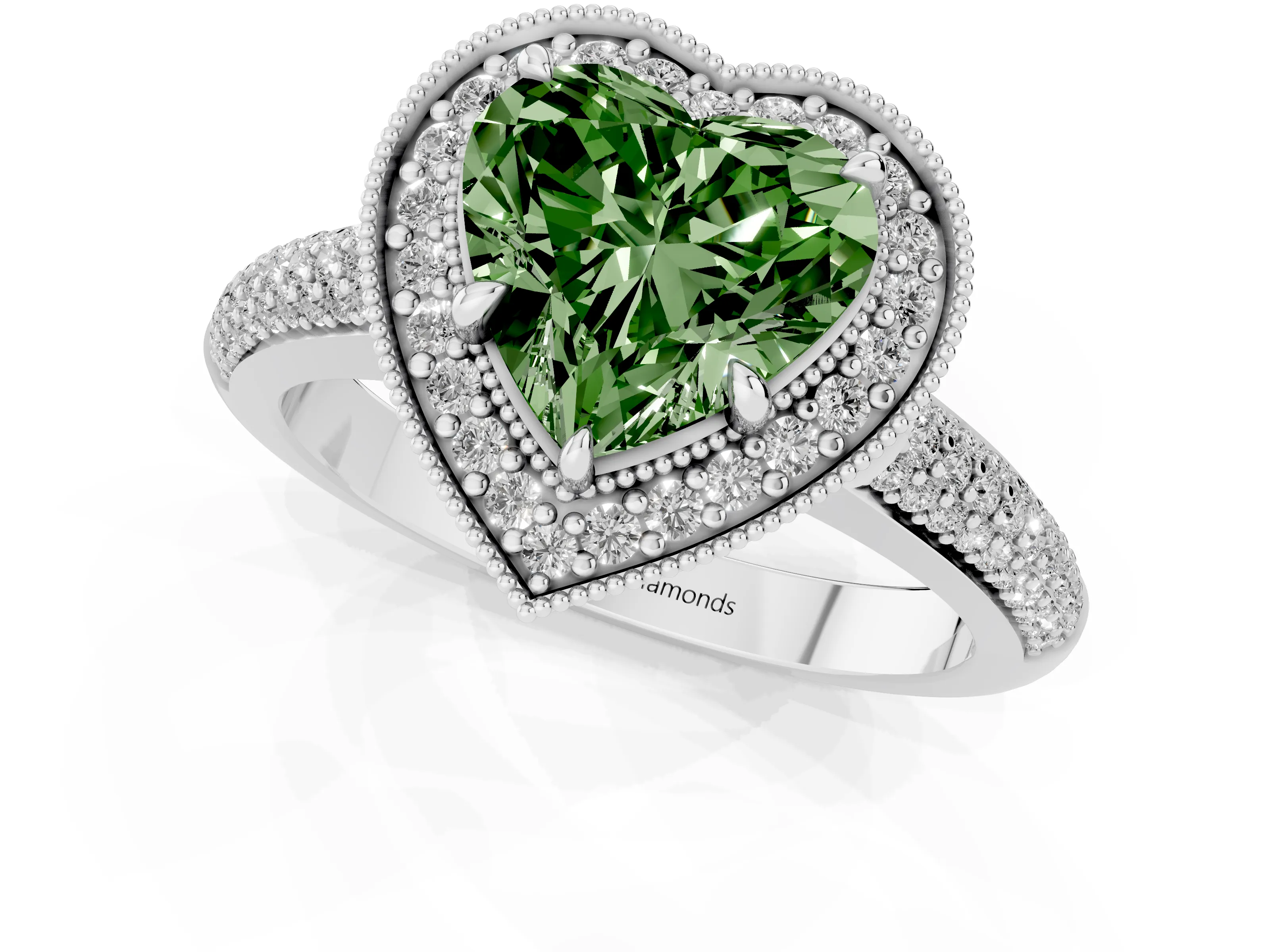 Fancy Green Heart Cut Diamond Halo Pavé Band Set in Platinum with Prong Setting