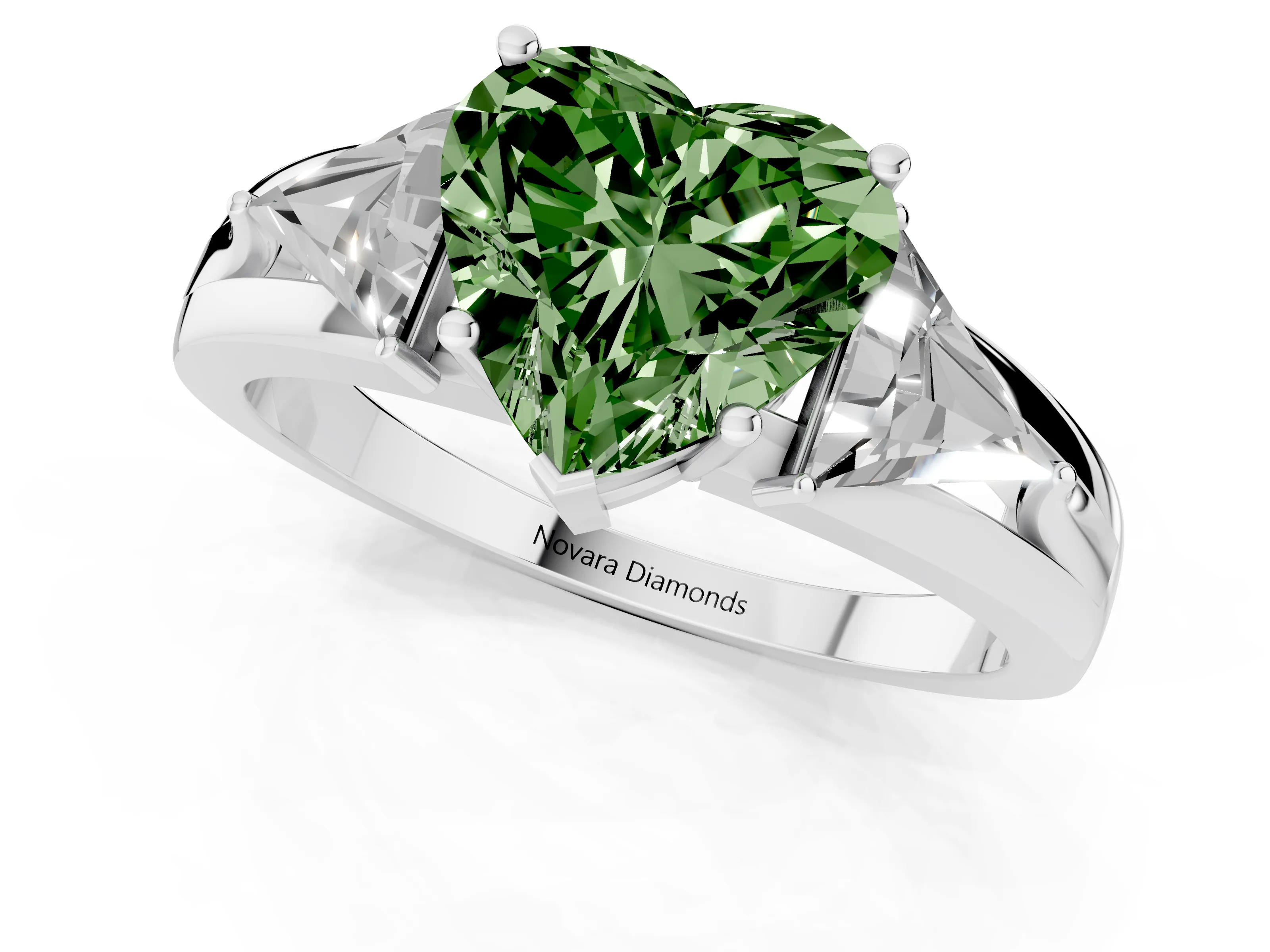 Fancy Green Heart Cut Diamond Three-Stone Ring Set in Platinum with Trillion Side Stones and Split Shank