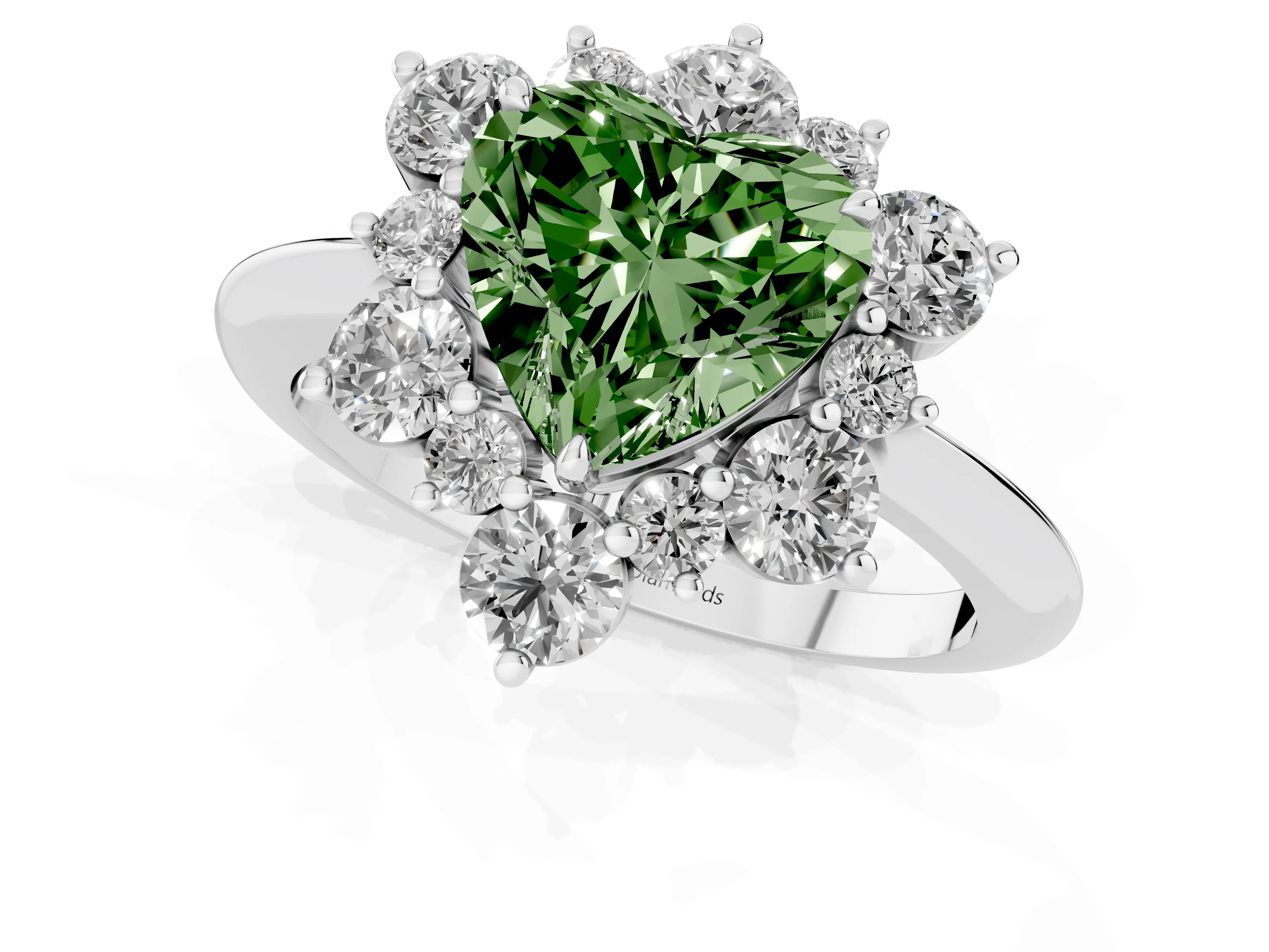 Fancy Green Heart Cut Diamond Cluster Halo Ring Set in White gold with Solitaire Band and Prong Setting