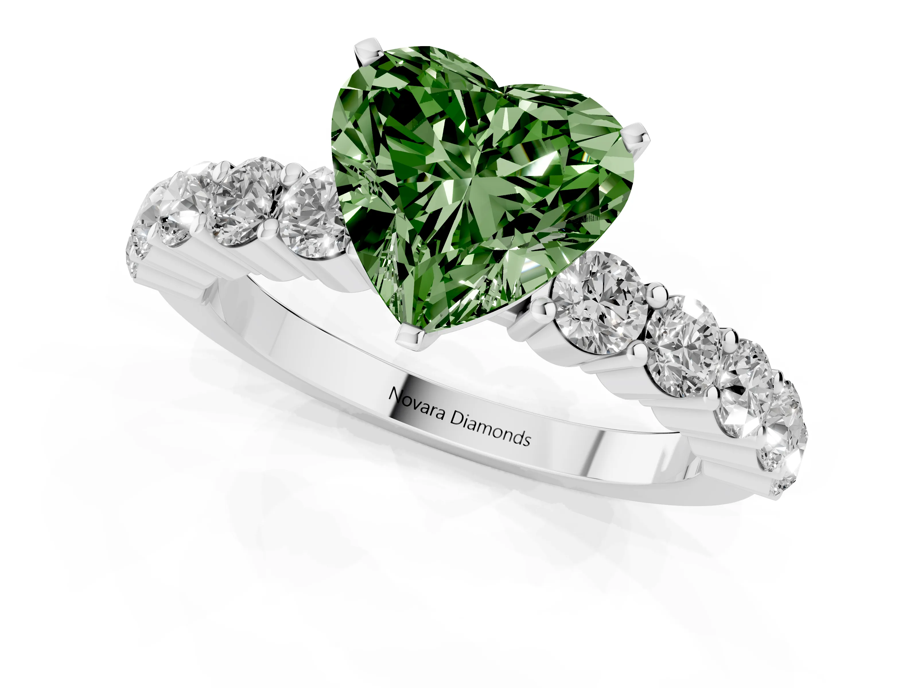 Fancy Green Heart Cut Diamond Solitaire Ring Set in White gold with Shared Prong Round Side Stones