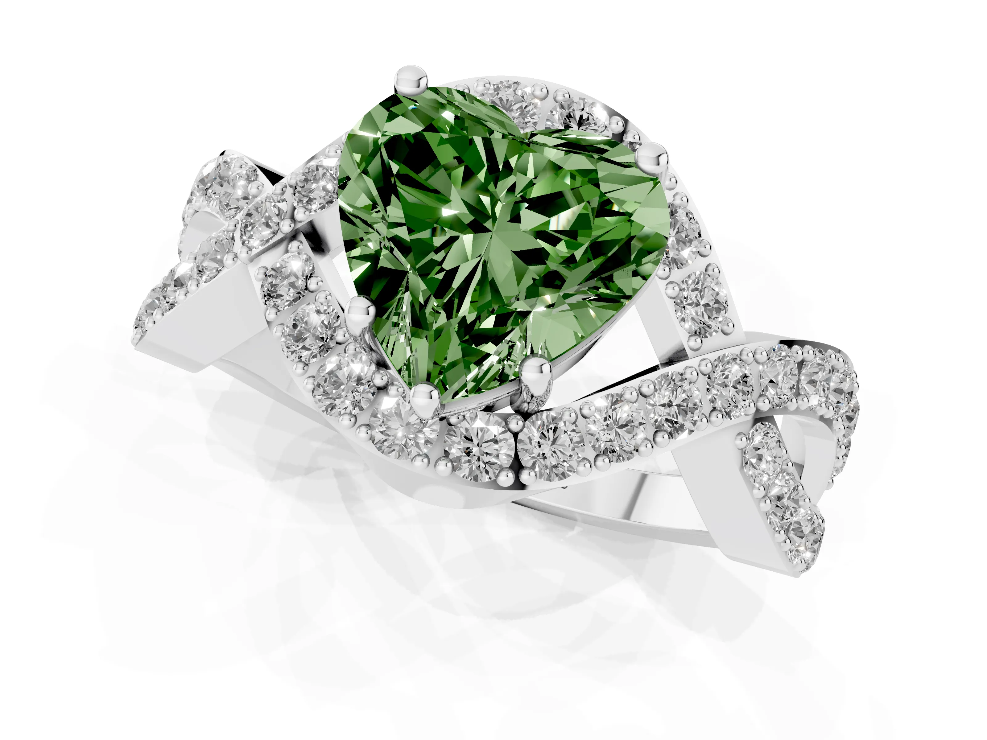 Fancy Green Heart Cut Diamond Solitaire Twist Band Pavé Engagement Ring Set in Silver