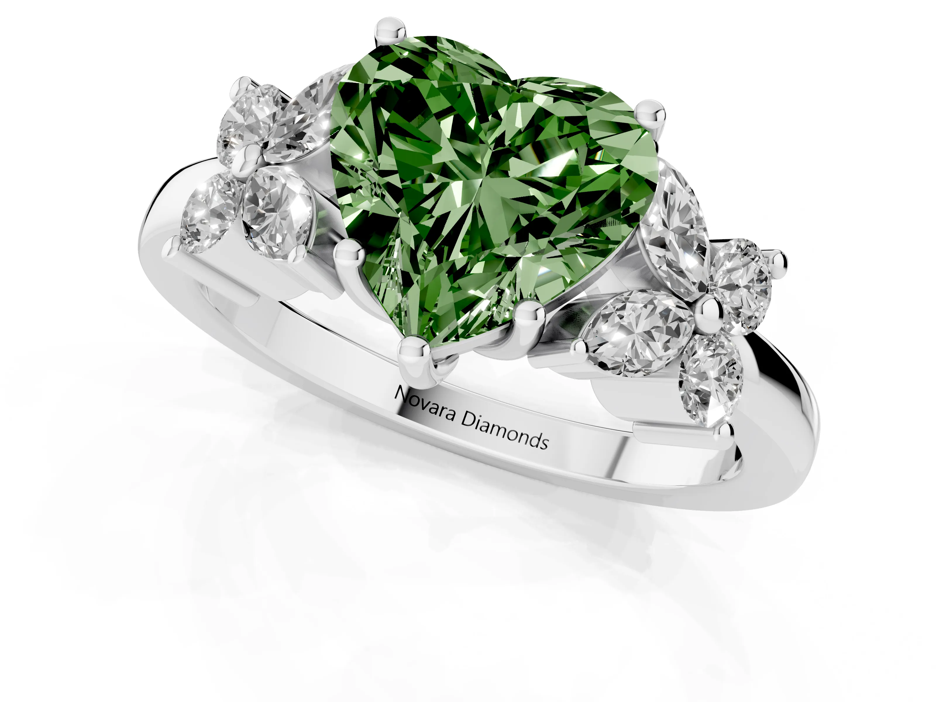 Fancy Green Heart Cut Diamond Floral Cluster Ring Set in Platinum with Marquise Petals and Prong Setting