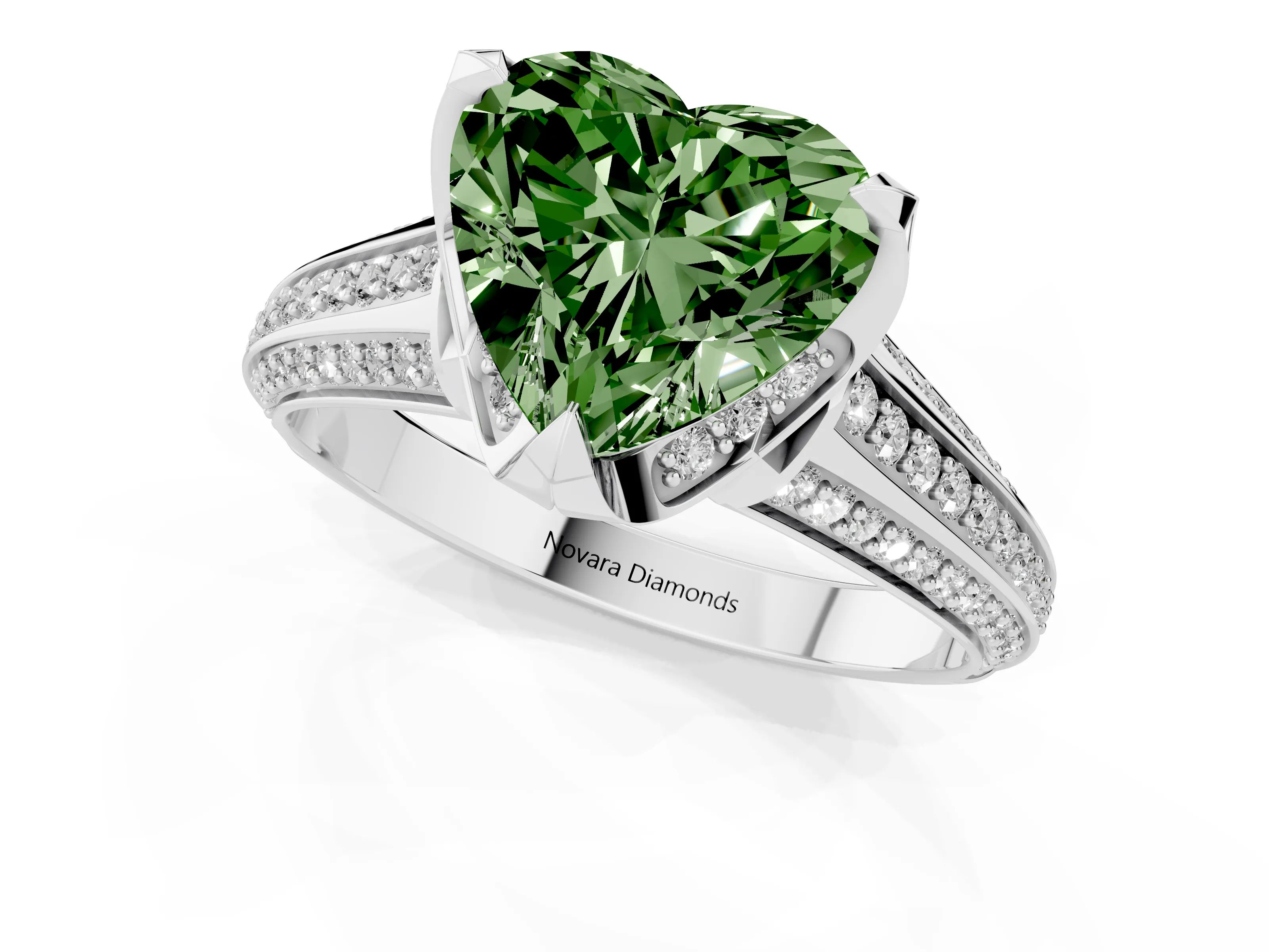 Fancy Green Heart Cut Diamond Pavé Split Shank Solitaire Ring Set in Silver with Prong Setting
