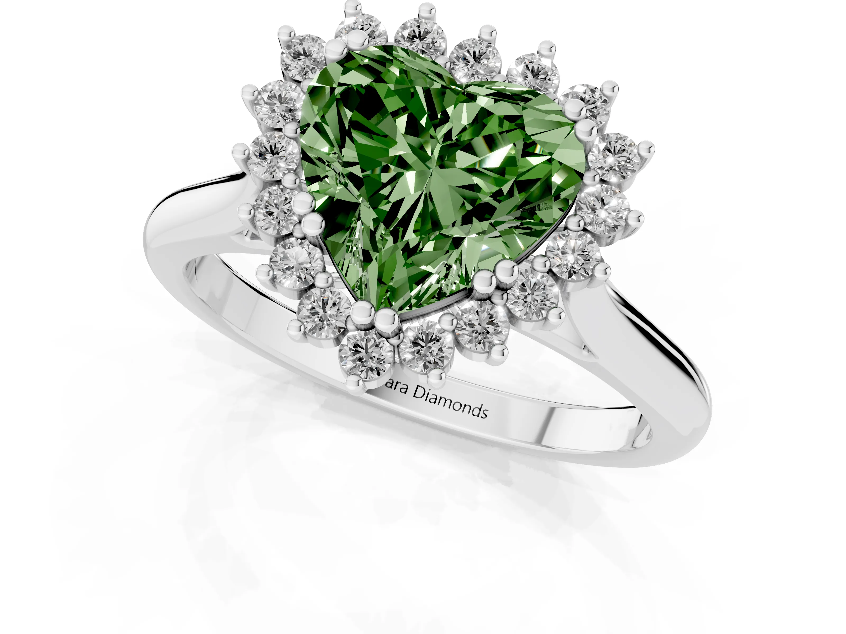 Fancy Green Heart Cut Diamond Halo Ring Set in Silver with Plain Solitaire Band and Prong Setting
