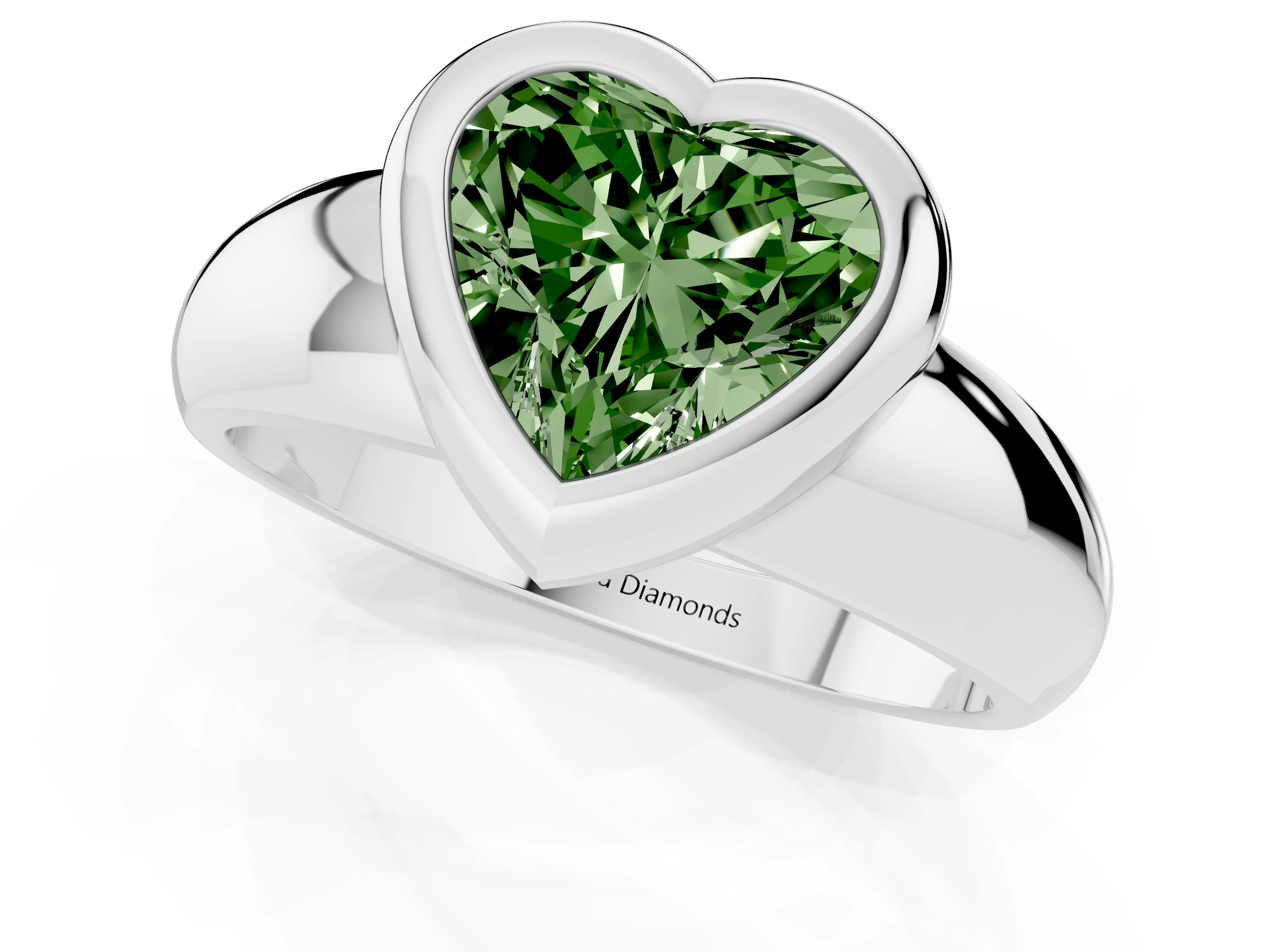 Fancy Green Bezel Set Heart Cut Diamond Solitaire Ring Set in White gold with Wide Band