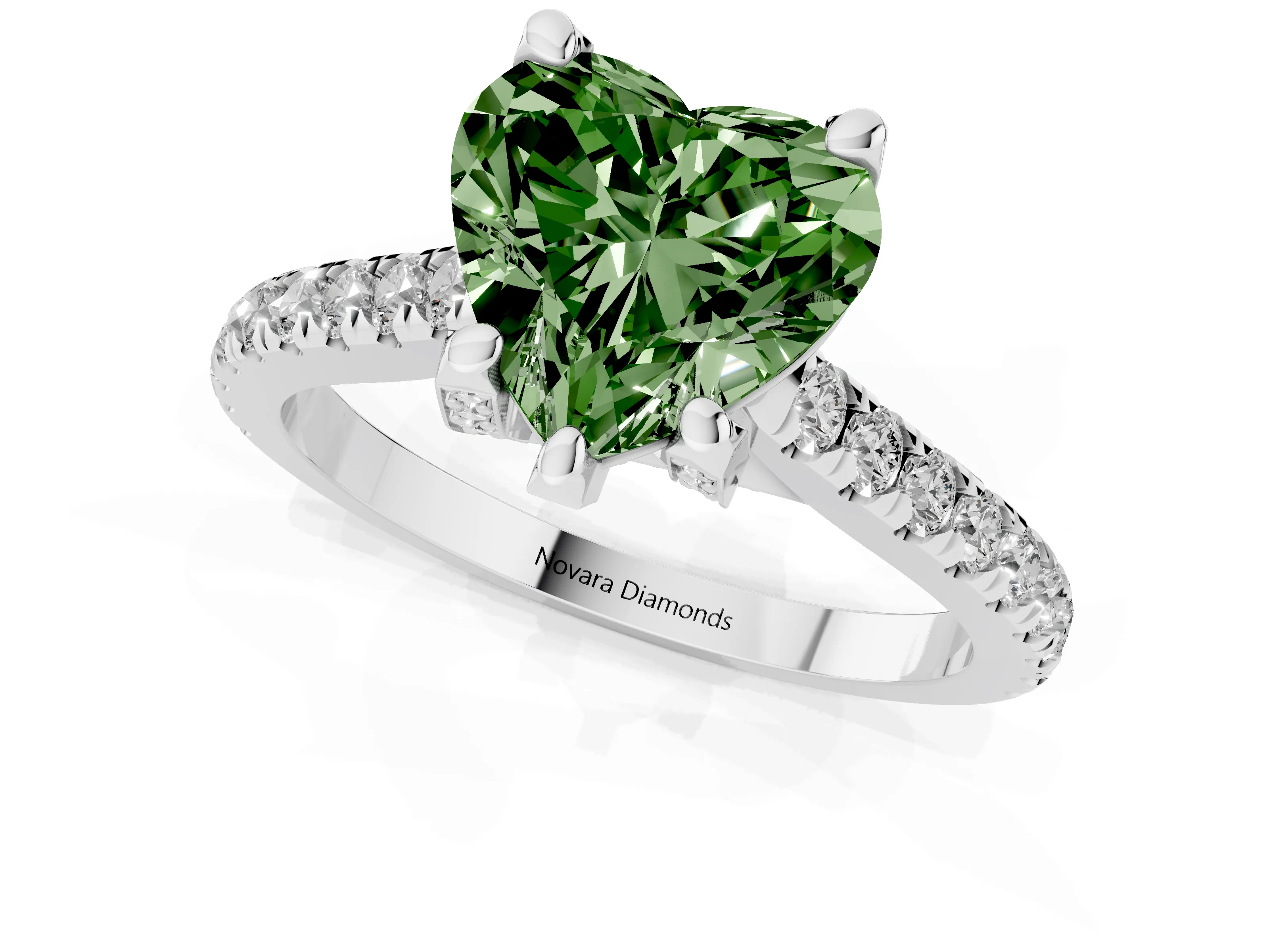 Fancy Green Heart Cut Diamond Solitaire Ring Set in Silver with Brilliant Pavé Band and Prong Setting