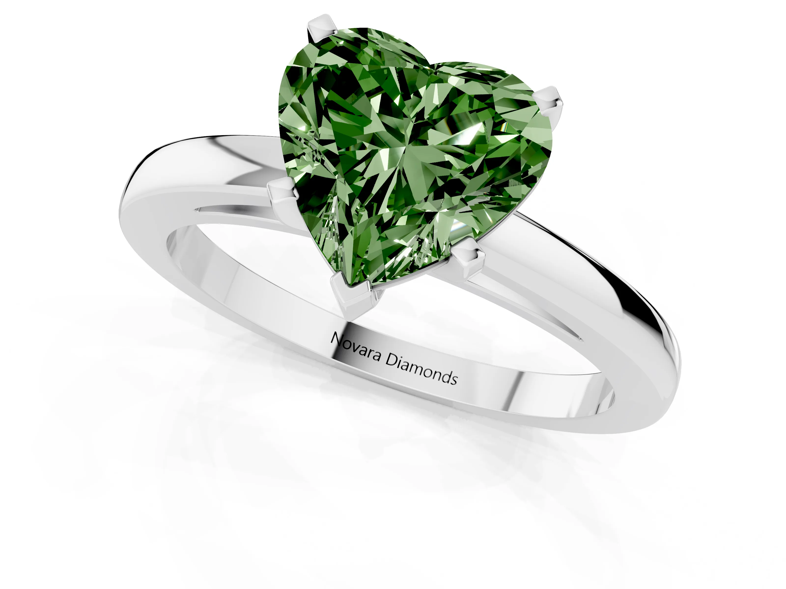 Fancy Green Heart Cut Diamond Solitaire Engagement Ring Set in White gold with Prong Setting on a Classic Band