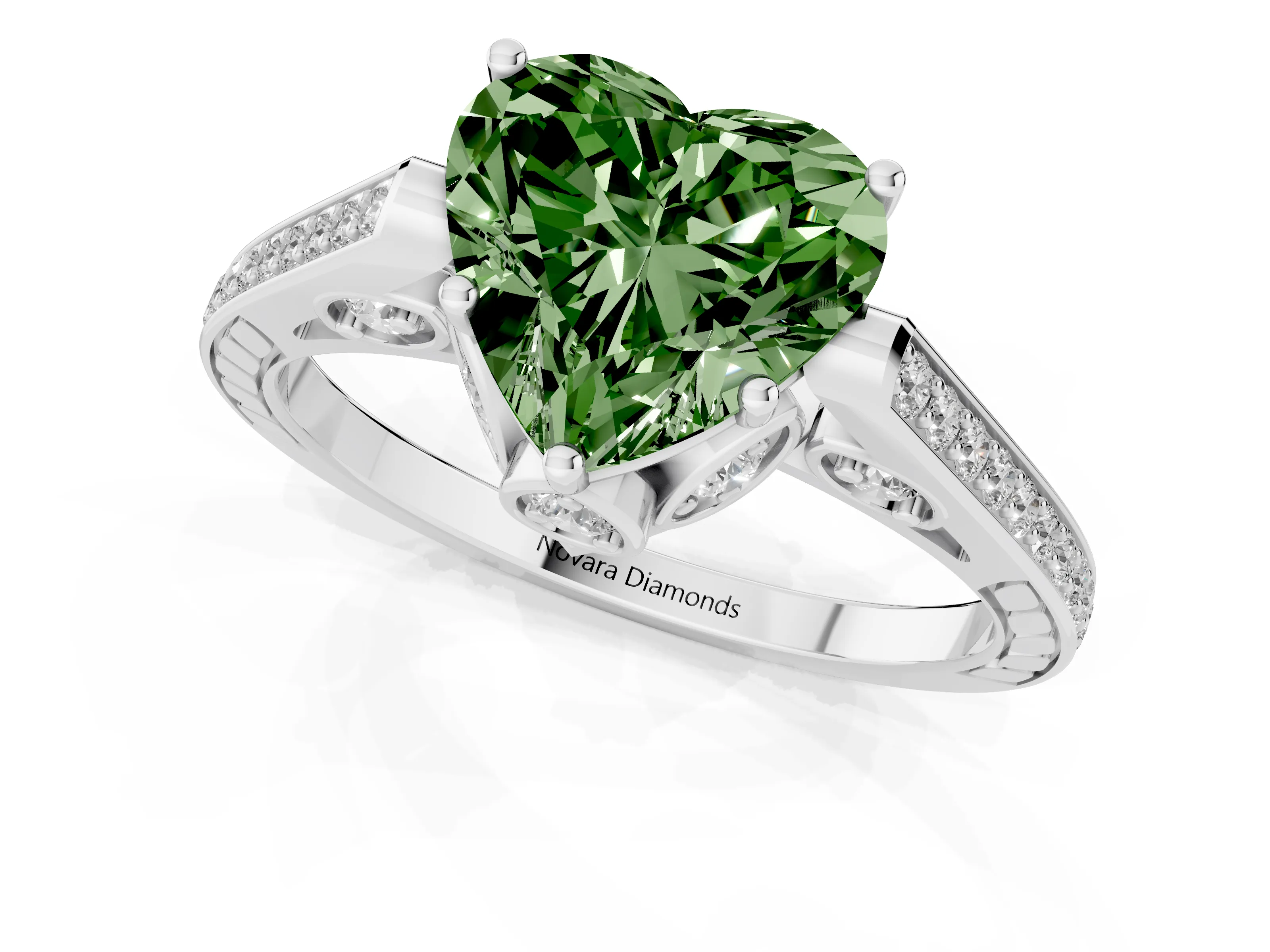Fancy Green Heart Cut Diamond Cathedral Pavé Engagement Ring Set in Silver with Prong Setting