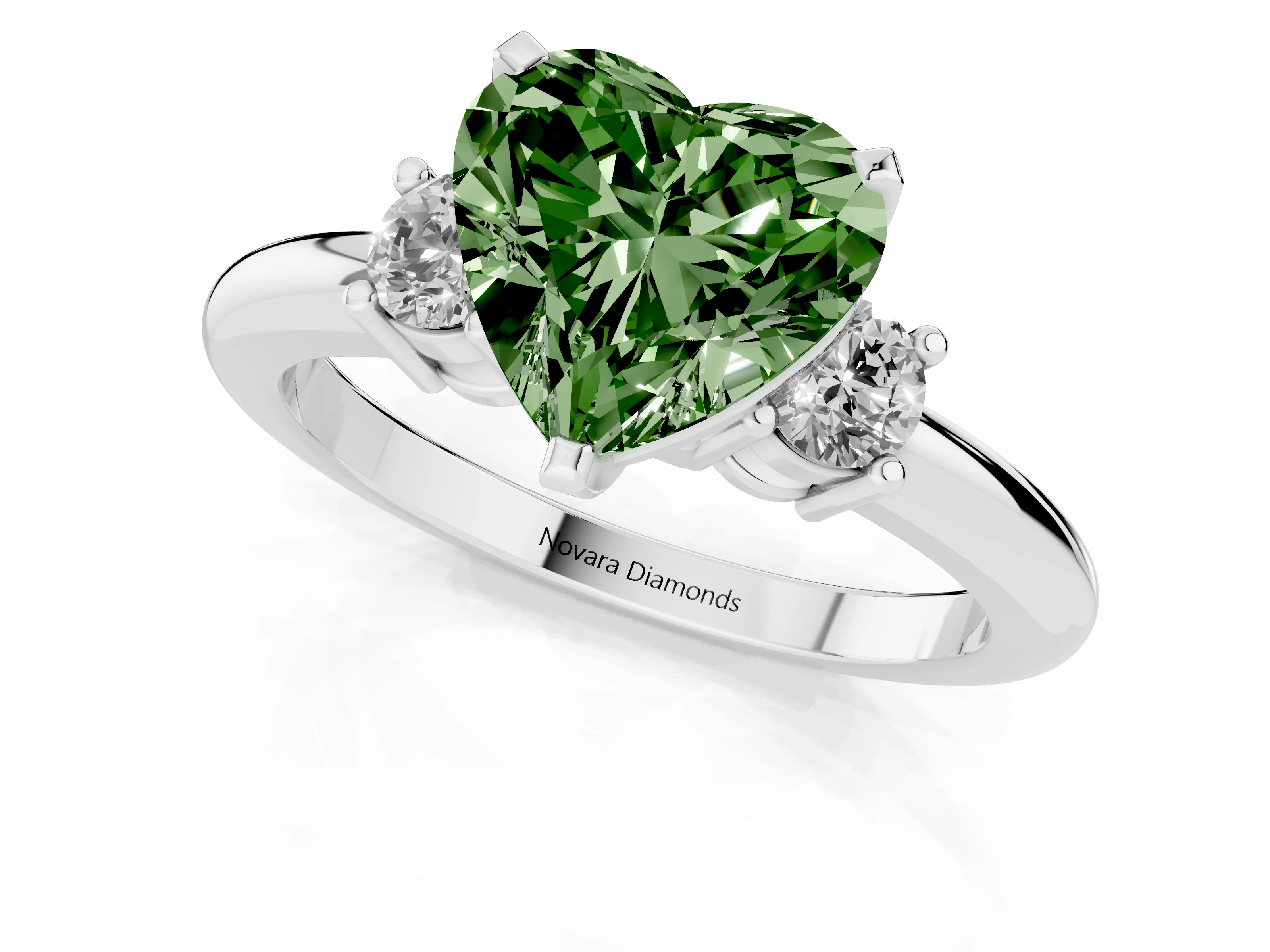 Fancy Green Three-Stone Heart Cut Diamond Ring Set in Silver with Prong Setting and Plain Band