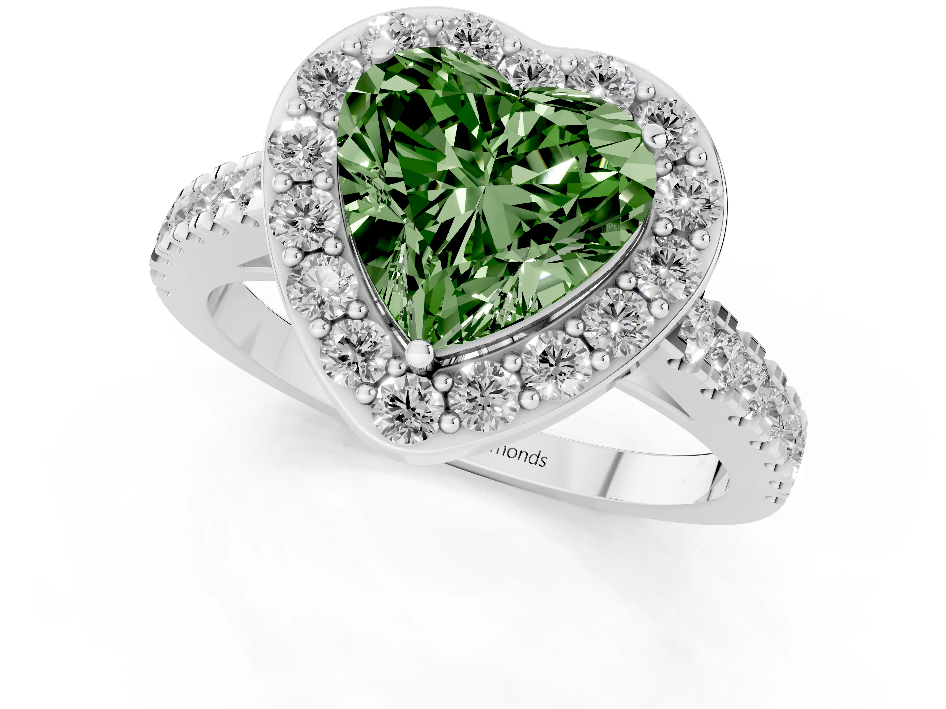 Fancy Green Heart Cut Diamond Halo Ring Set in White gold with Round Pavé Split Shank and Prong Setting