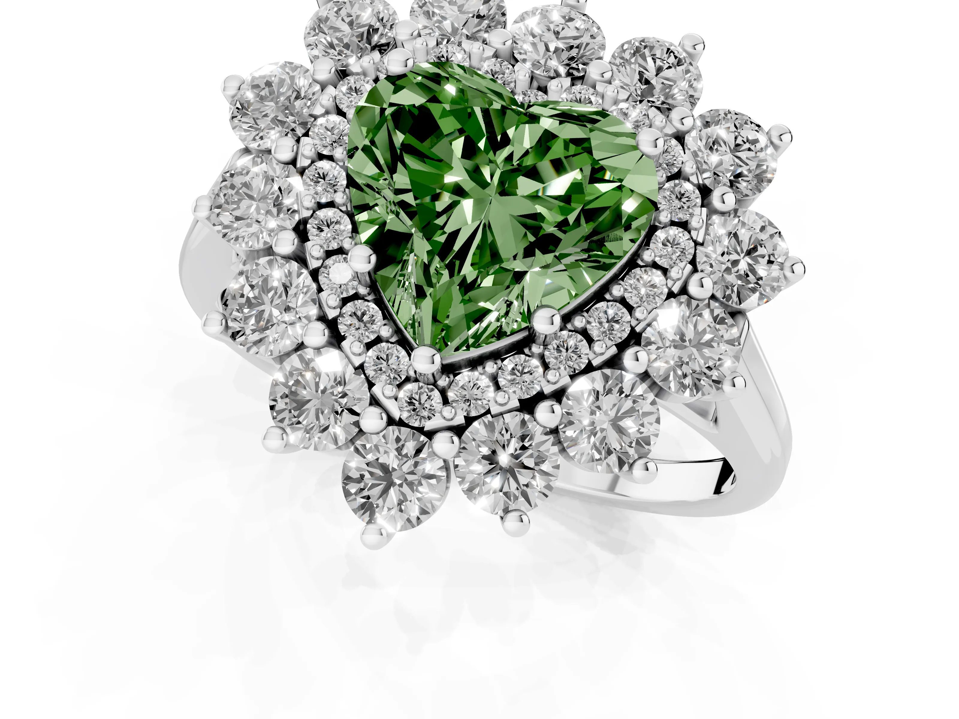Fancy Green Heart Cut Diamond Floral Double Halo Ring Set in Silver with Round Petals