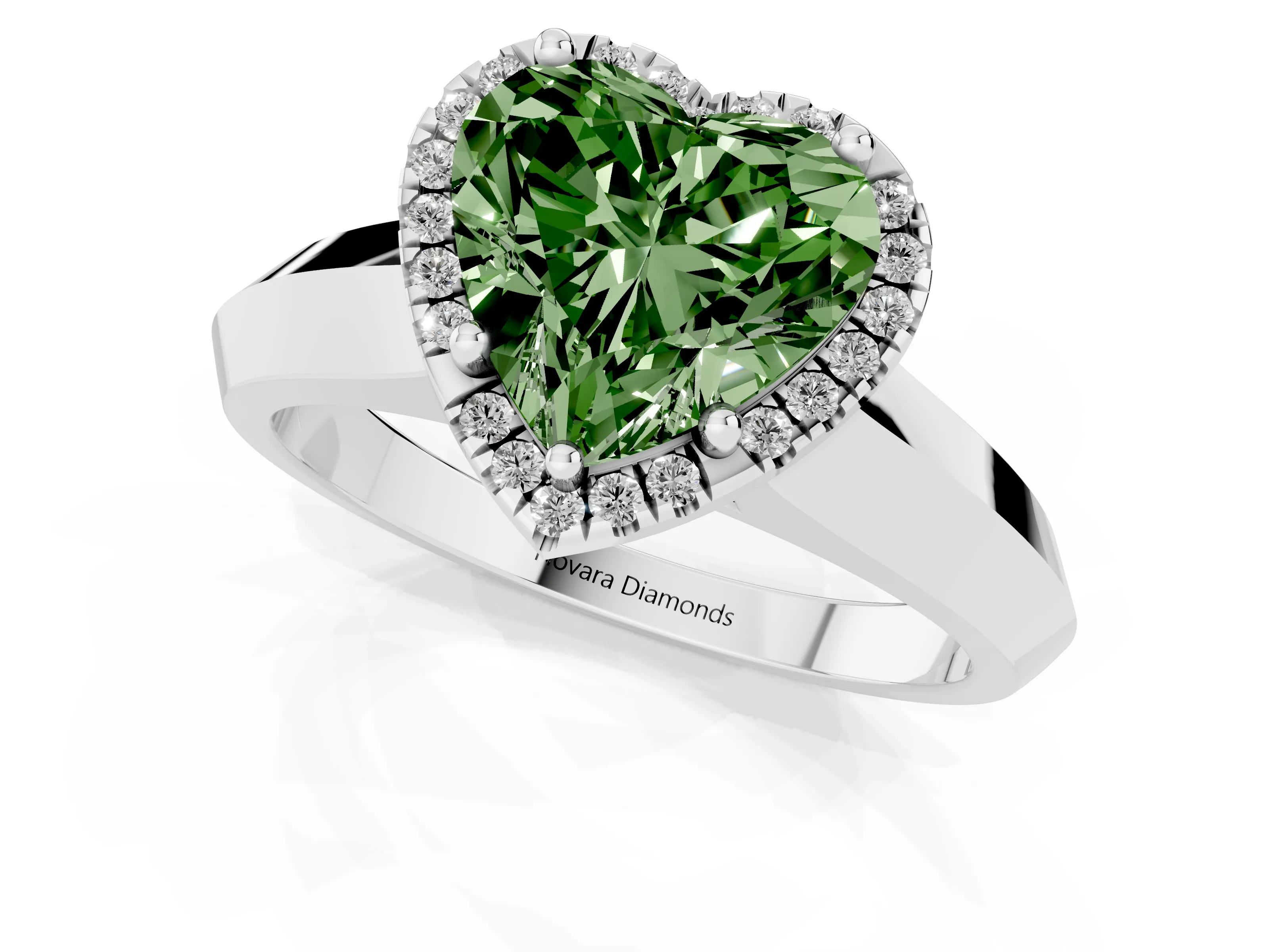 Fancy Green Heart Cut Diamond Halo Ring Set in Platinum with Cathedral Band and Prong Setting