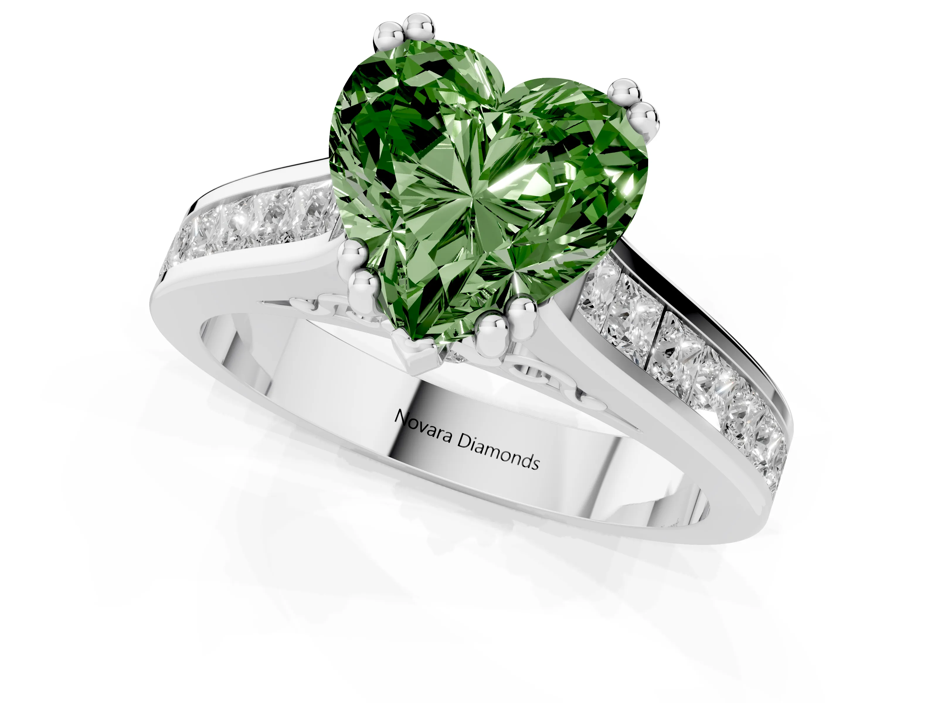 Fancy Green Heart Cut Diamond Channel Set Solitaire Engagement Ring Set in Platinum with Prong Setting