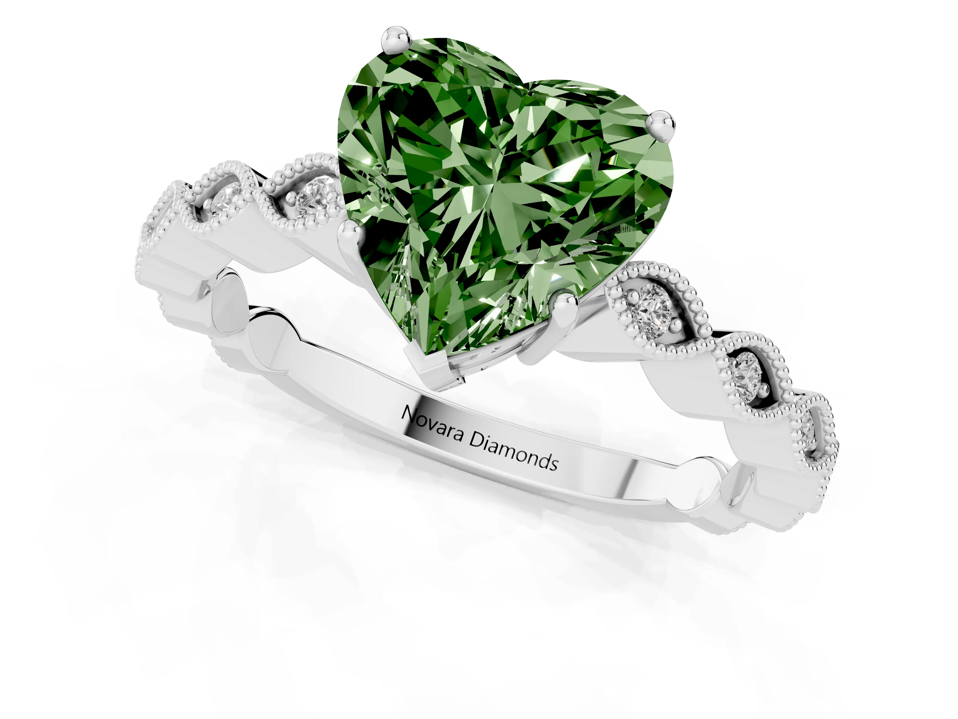 Fancy Green Heart Cut Diamond Solitaire Ring Set in Platinum with Infinity Twist Pavé Band