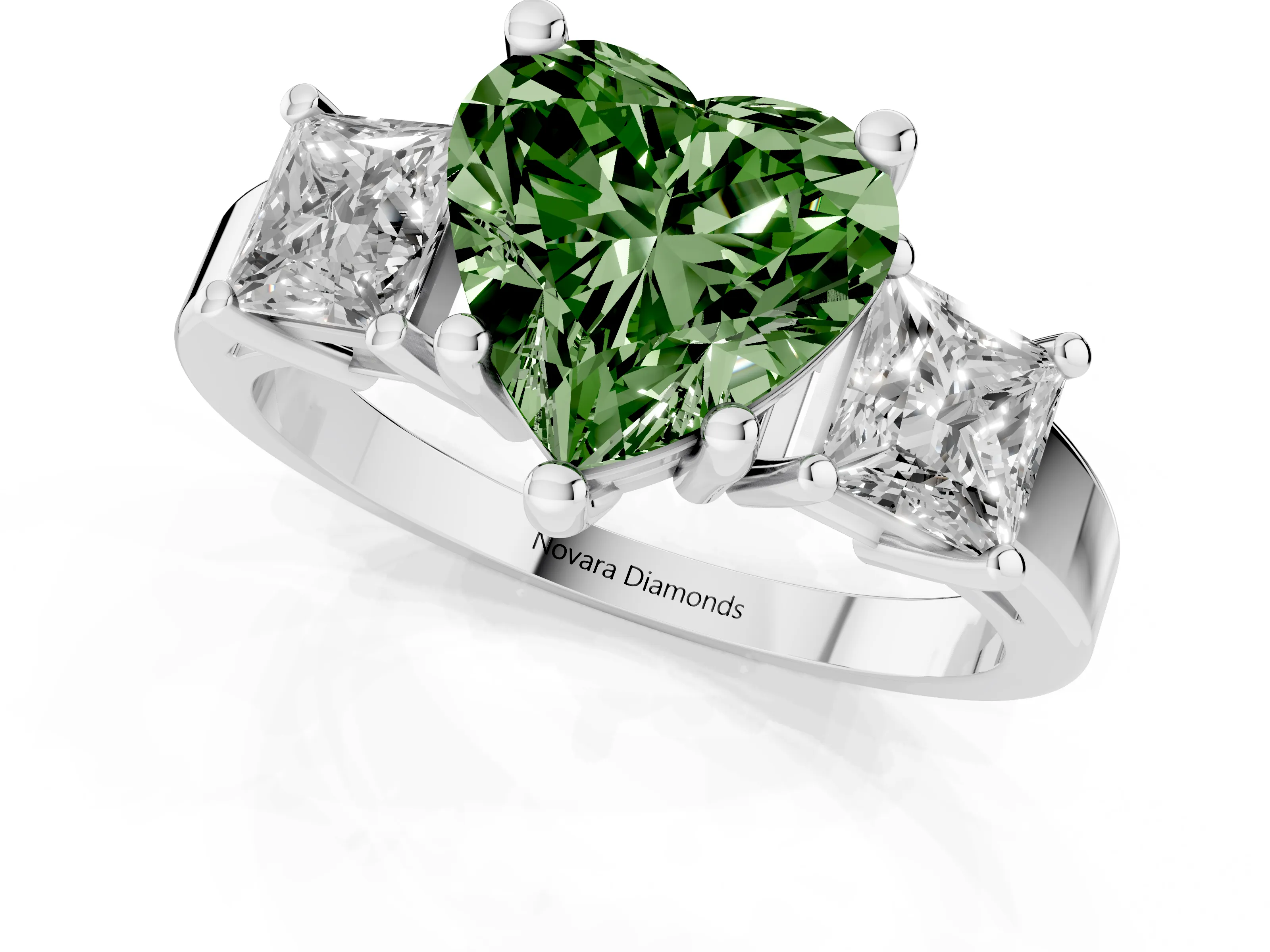Fancy Green Three-Stone Heart Cut Diamond Solitaire Ring Set in Platinum with Prong Setting
