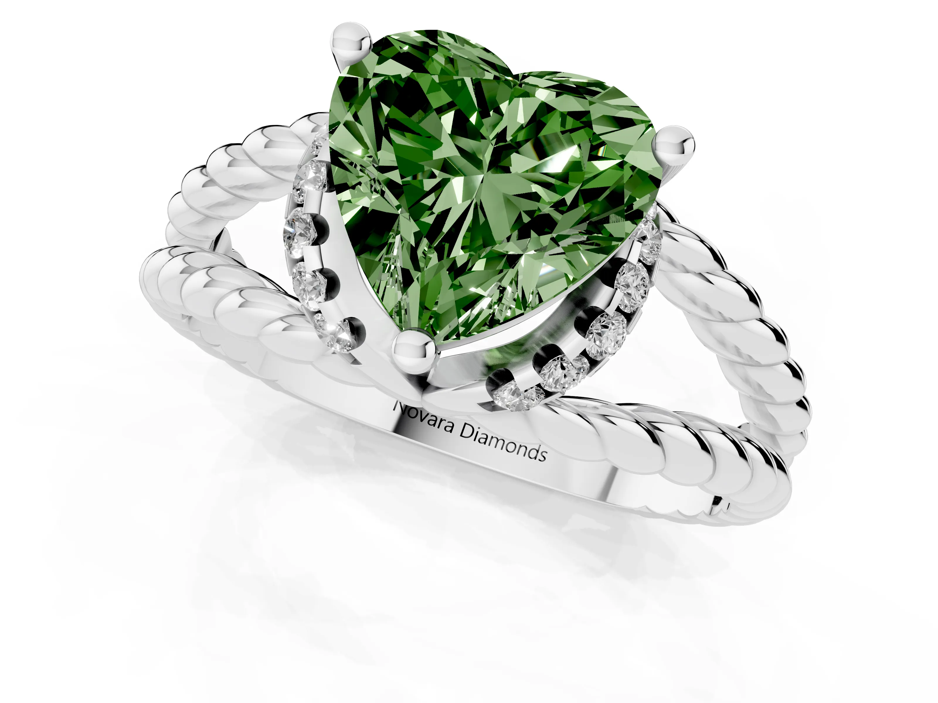 Fancy Green Heart Cut Diamond Halo Ring Set in White gold with Twisted Band and Prong Setting