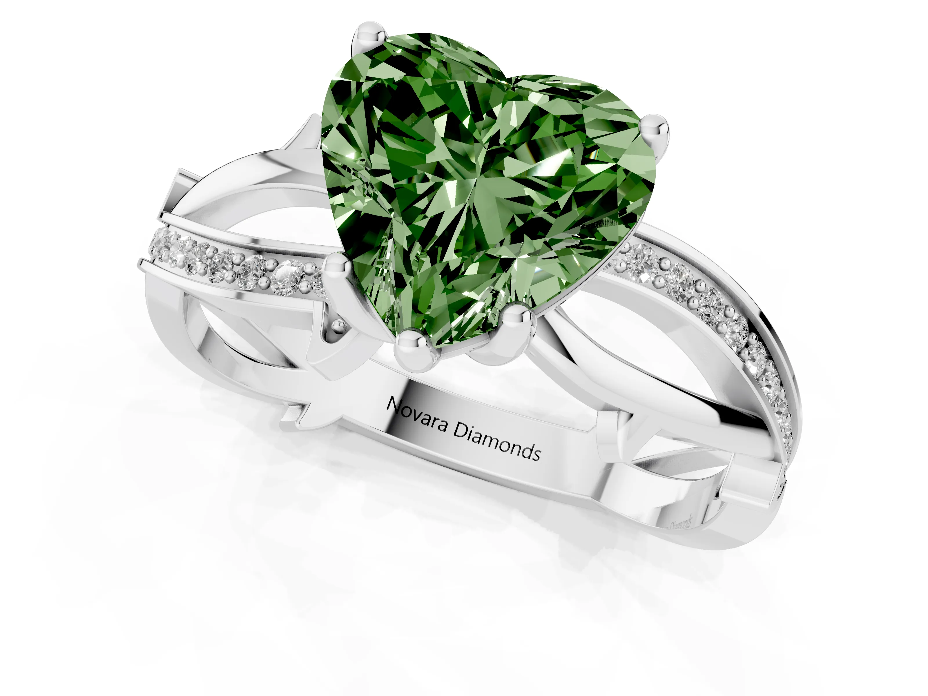 Fancy Green Heart Cut Diamond Pavé Twist Band Solitaire Ring Set in Silver with Prong Setting