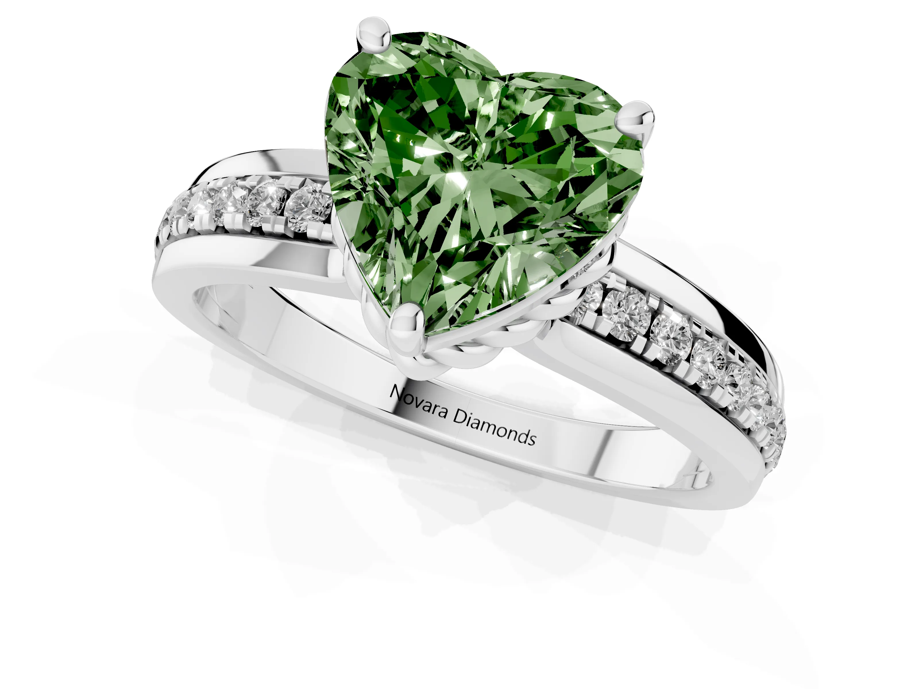 Fancy Green Heart Cut Diamond Solitaire Ring Set in White gold with Channel Set Band and Prong Setting