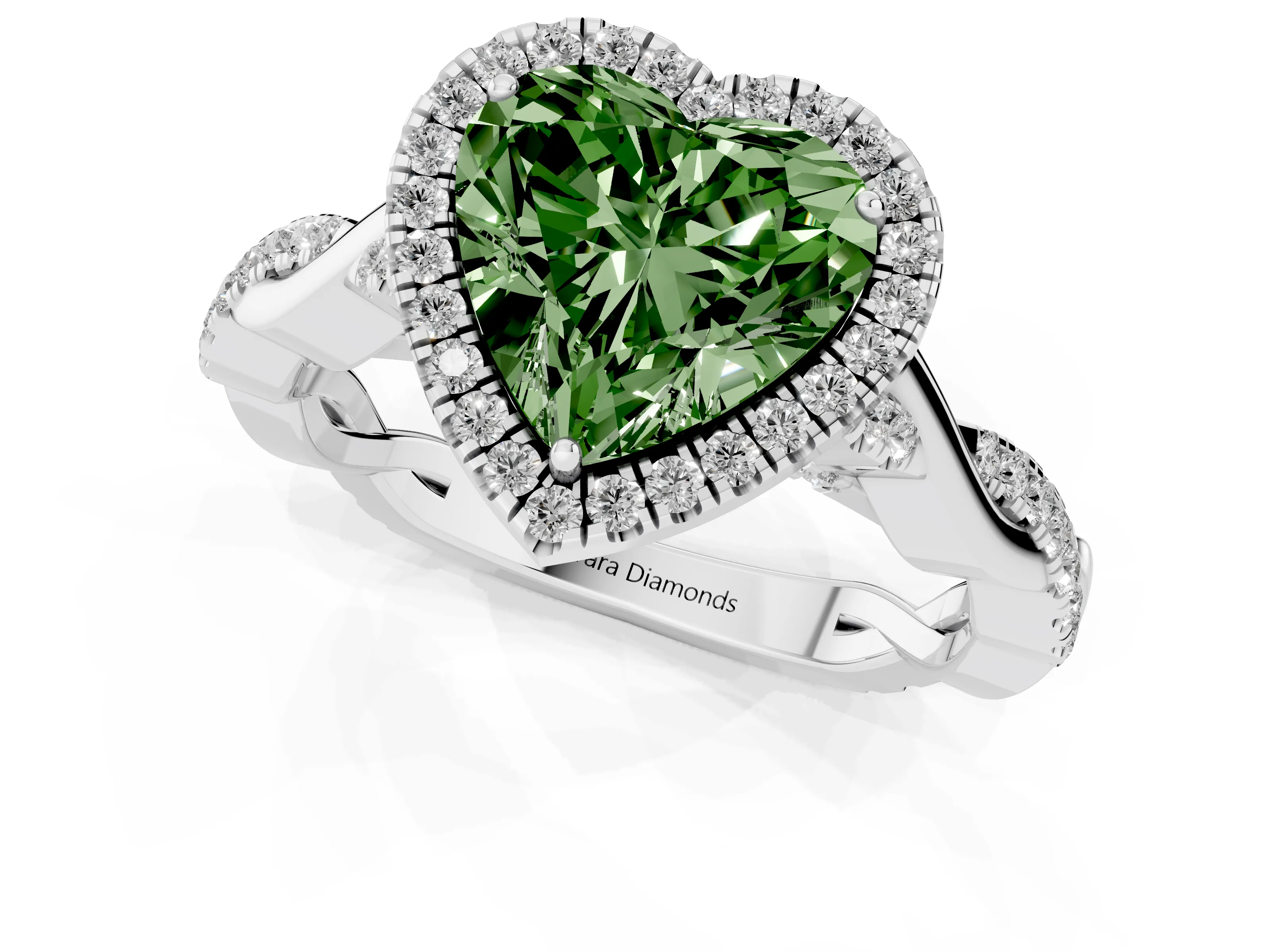 Fancy Green Heart Cut Diamond Halo Twist Band Solitaire Ring Set in White gold with Prong Setting