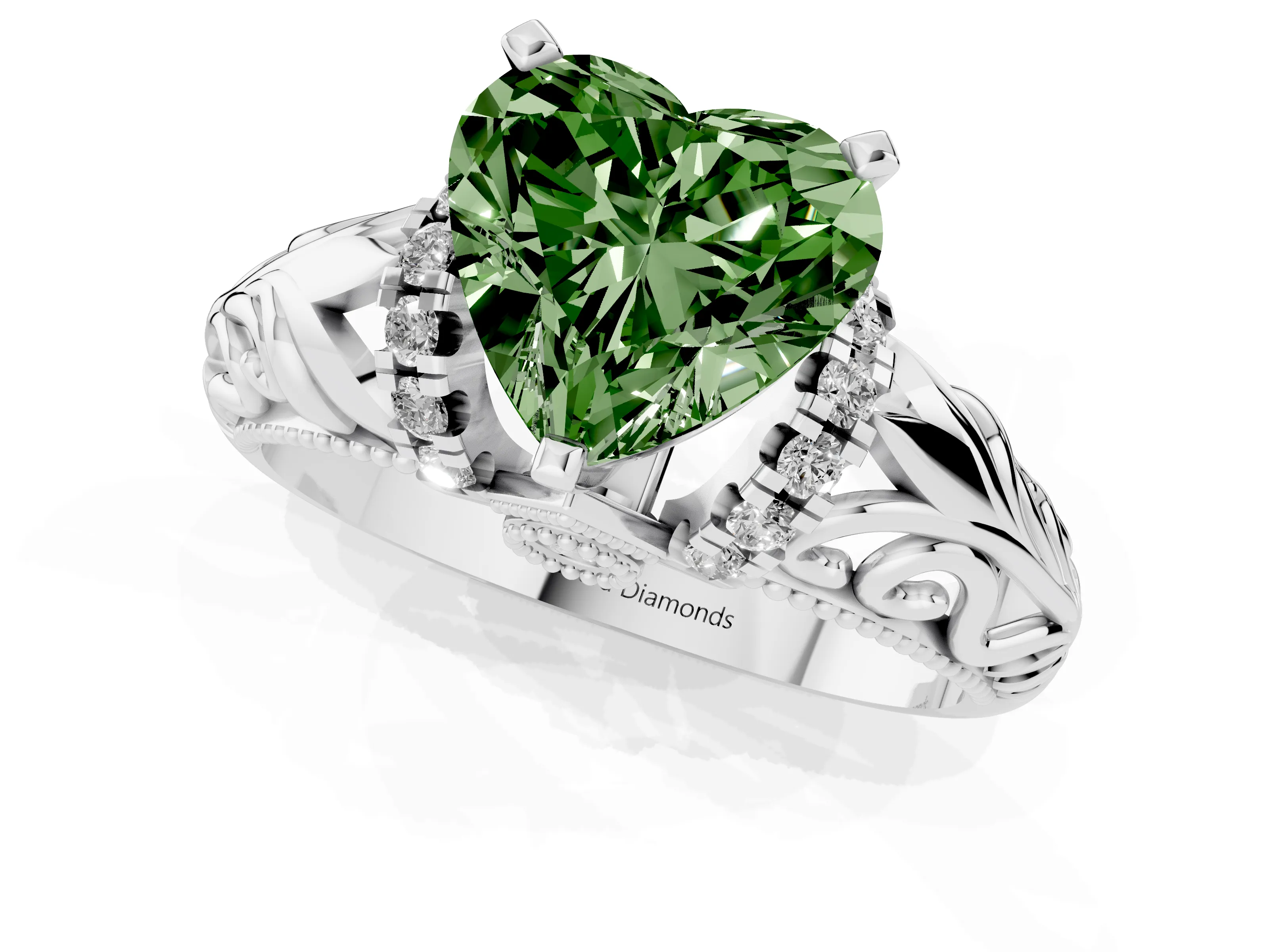 Fancy Green Heart Cut Diamond Filigree Halo Engagement Ring Set in Silver with Prong Setting