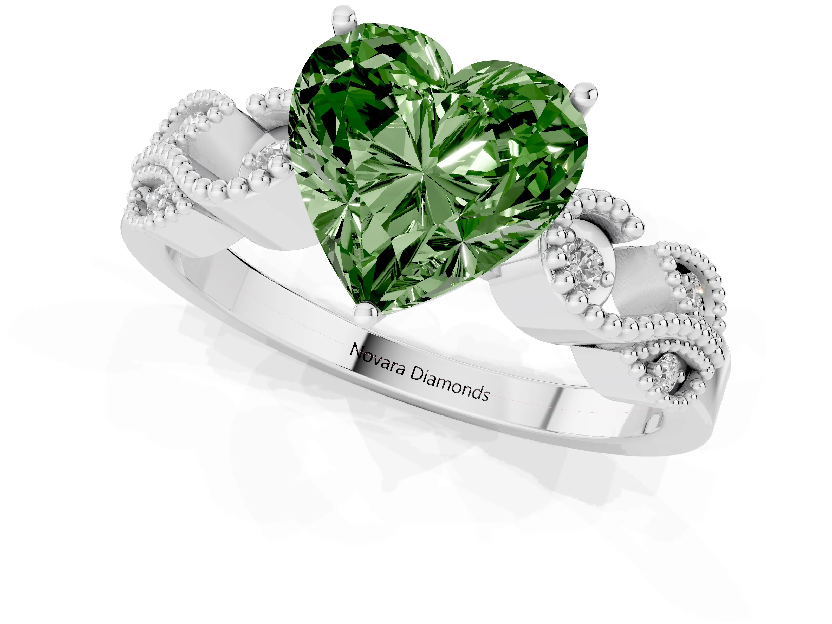 Fancy Green Heart Cut Diamond Milgrain Leaf Band Solitaire Ring Set in White gold with Accent Stones and Prong Setting