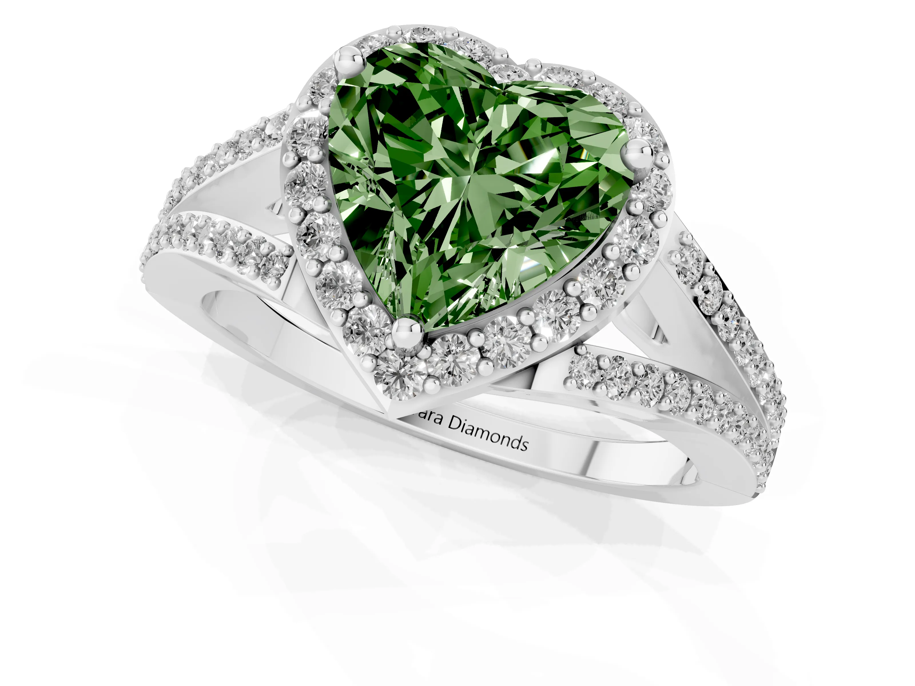 Fancy Green Heart Cut Diamond Halo Split Shank Pavé Ring Set in Platinum with Prong Setting