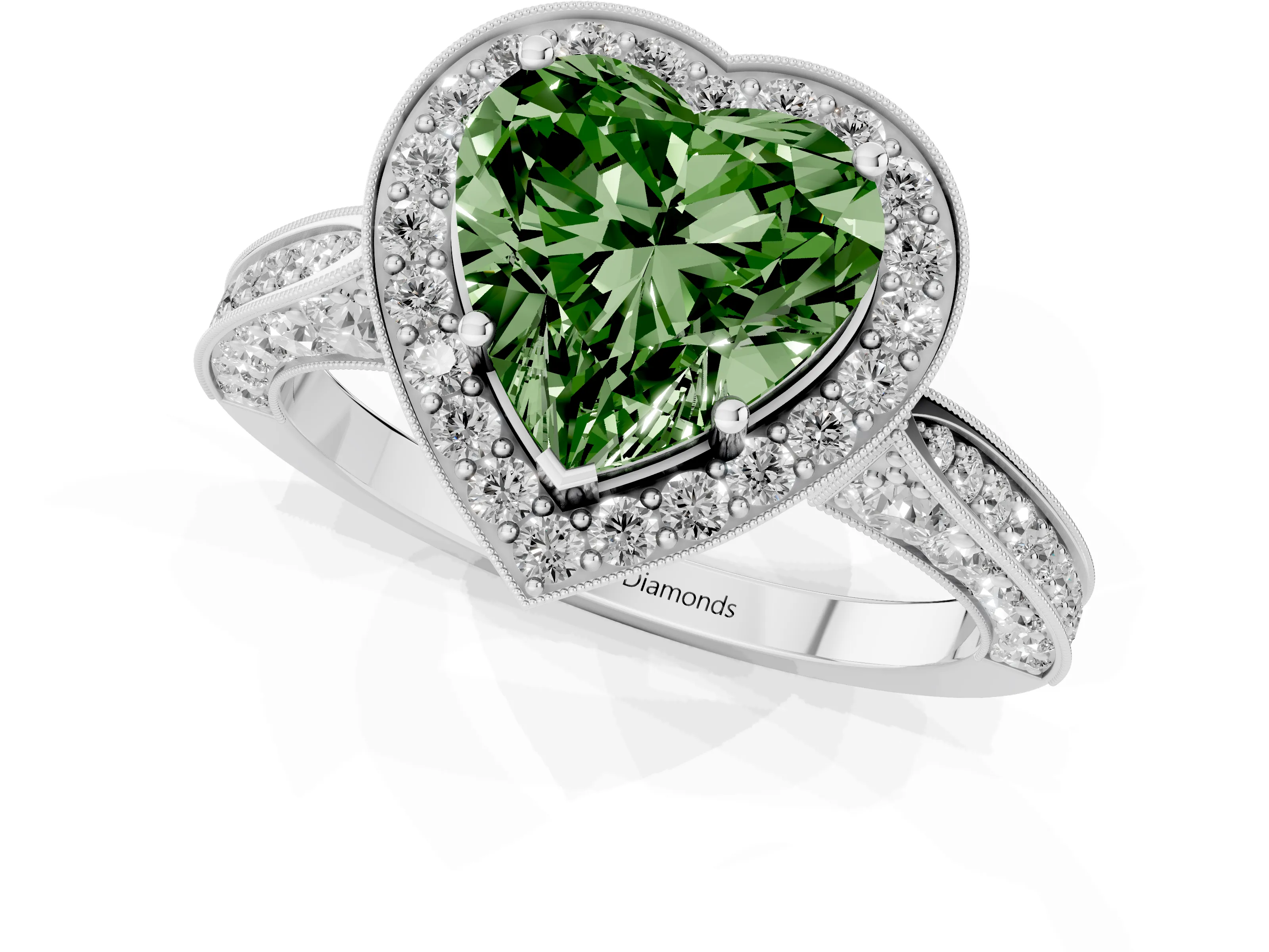 Fancy Green Heart Cut Diamond Halo Engagement Ring Set in Silver with Accent Split Shank Band