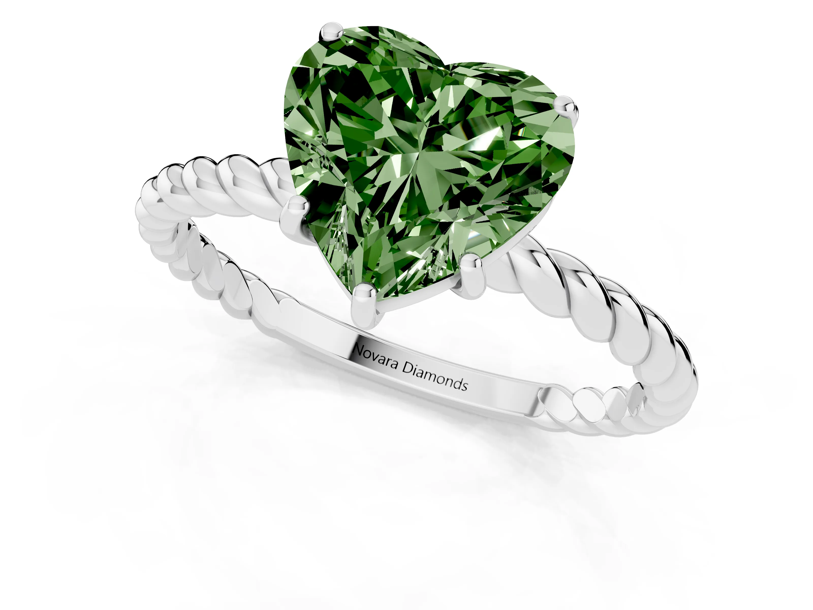 Fancy Green Heart Cut Diamond Solitaire Ring Set in White gold with Twist Band and Prong Setting