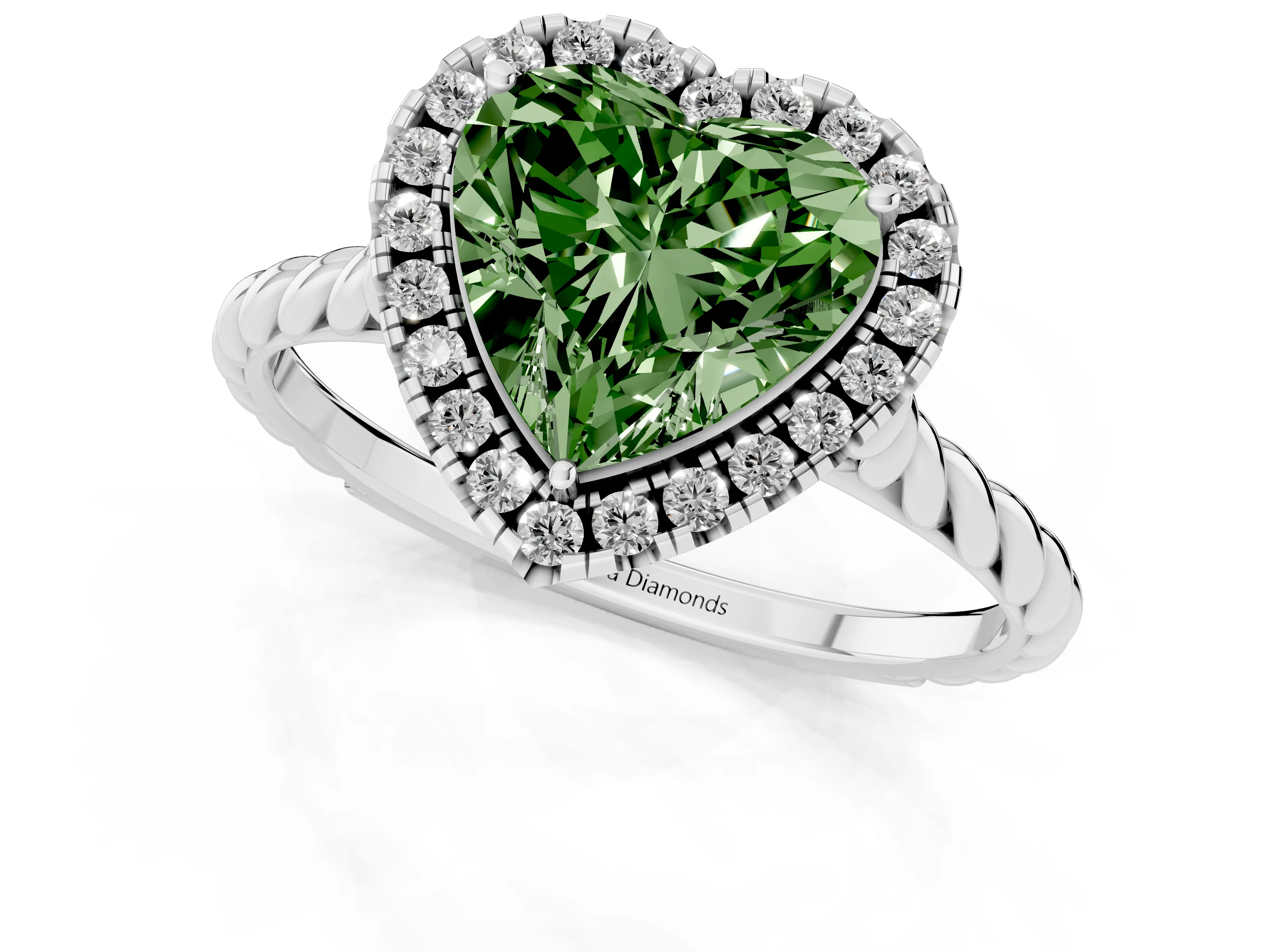 Fancy Green Heart Cut Diamond Halo Ring Set in Silver with Plain Twisted Band