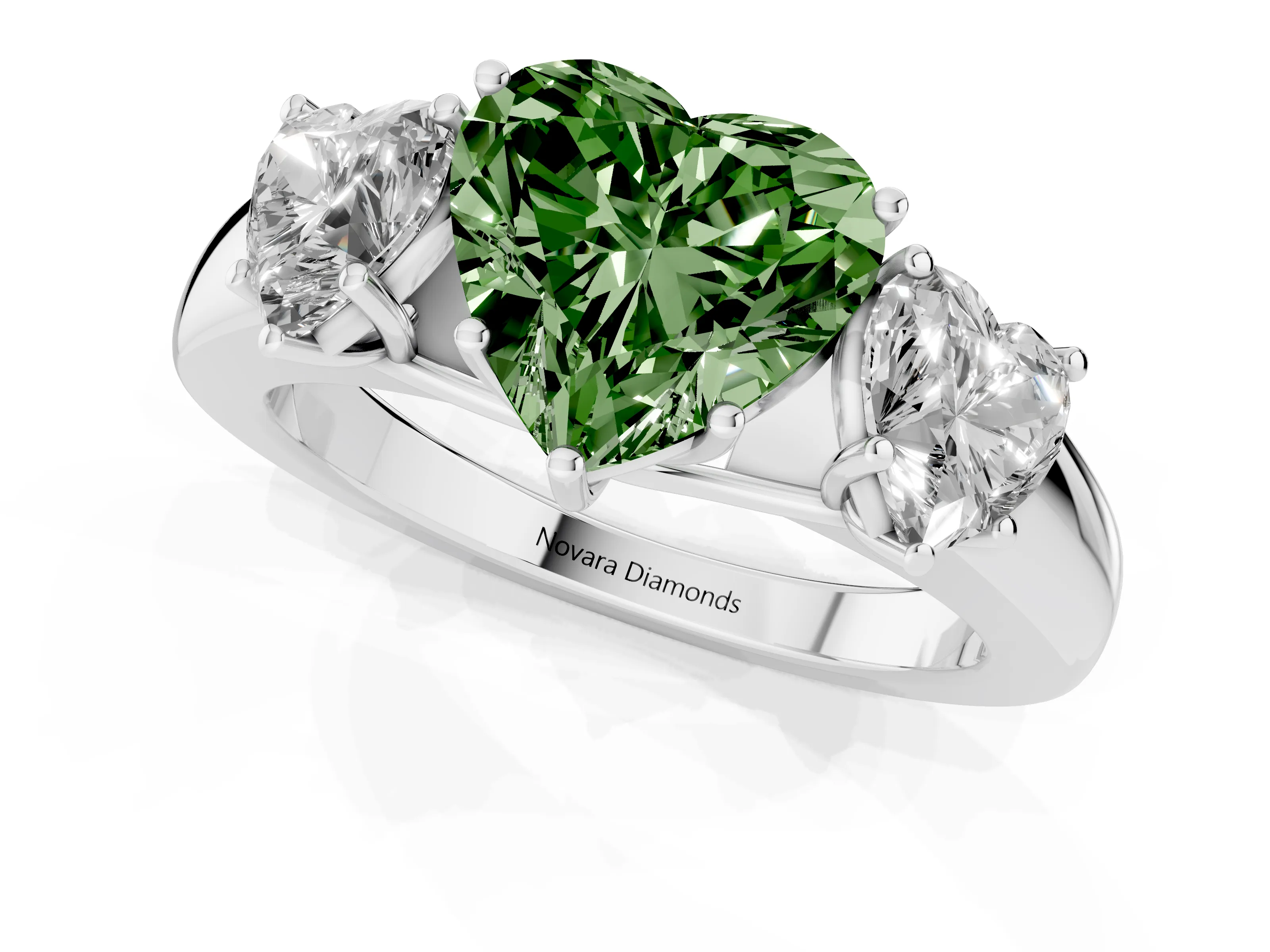 Fancy Green Three-Stone Heart Cut Diamond Ring Set in Platinum with Matching Prong Settings and Plain Band