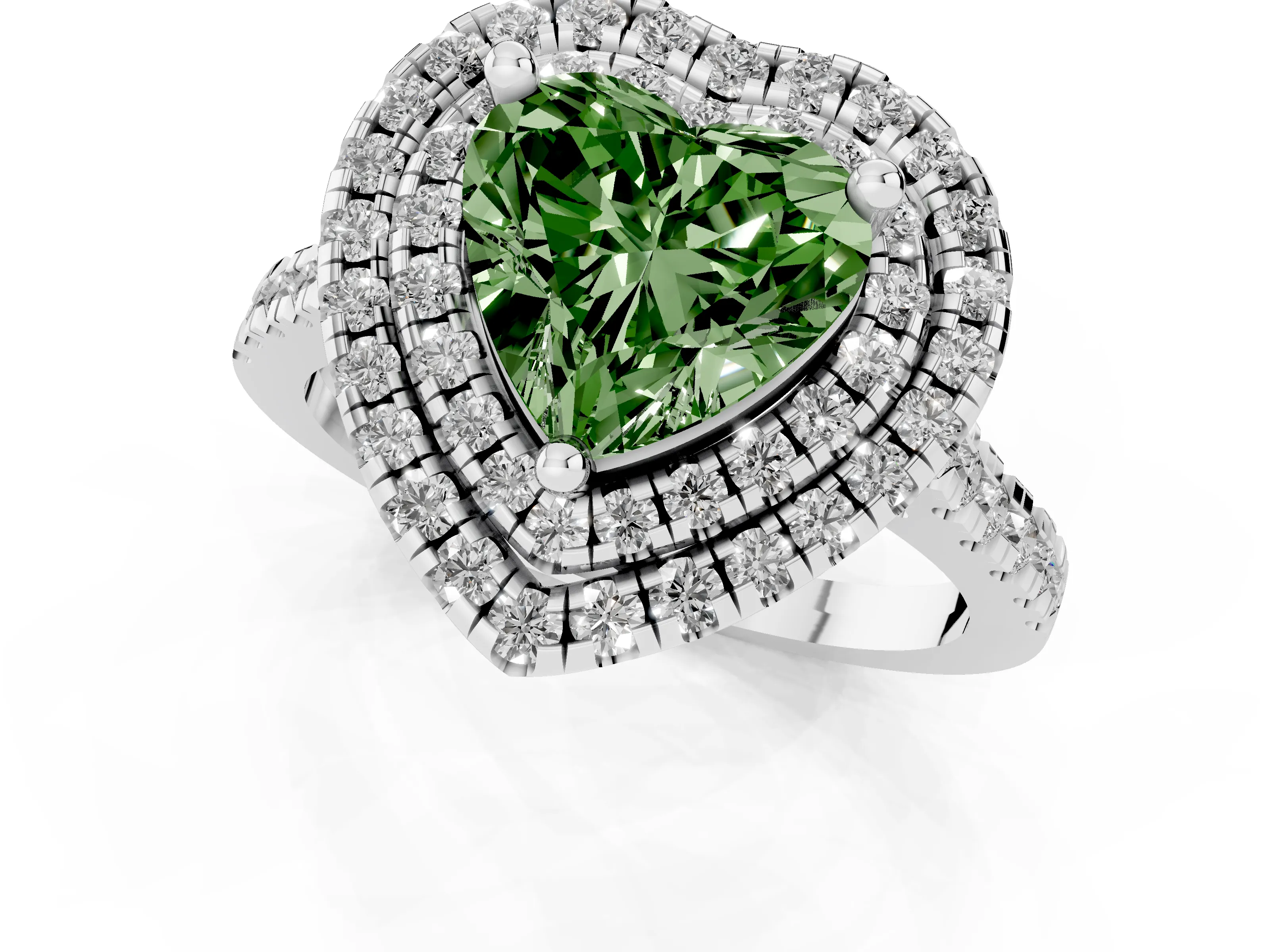 Fancy Green Heart Cut Diamond Double Halo Statement Ring Set in Platinum with Pavé Band