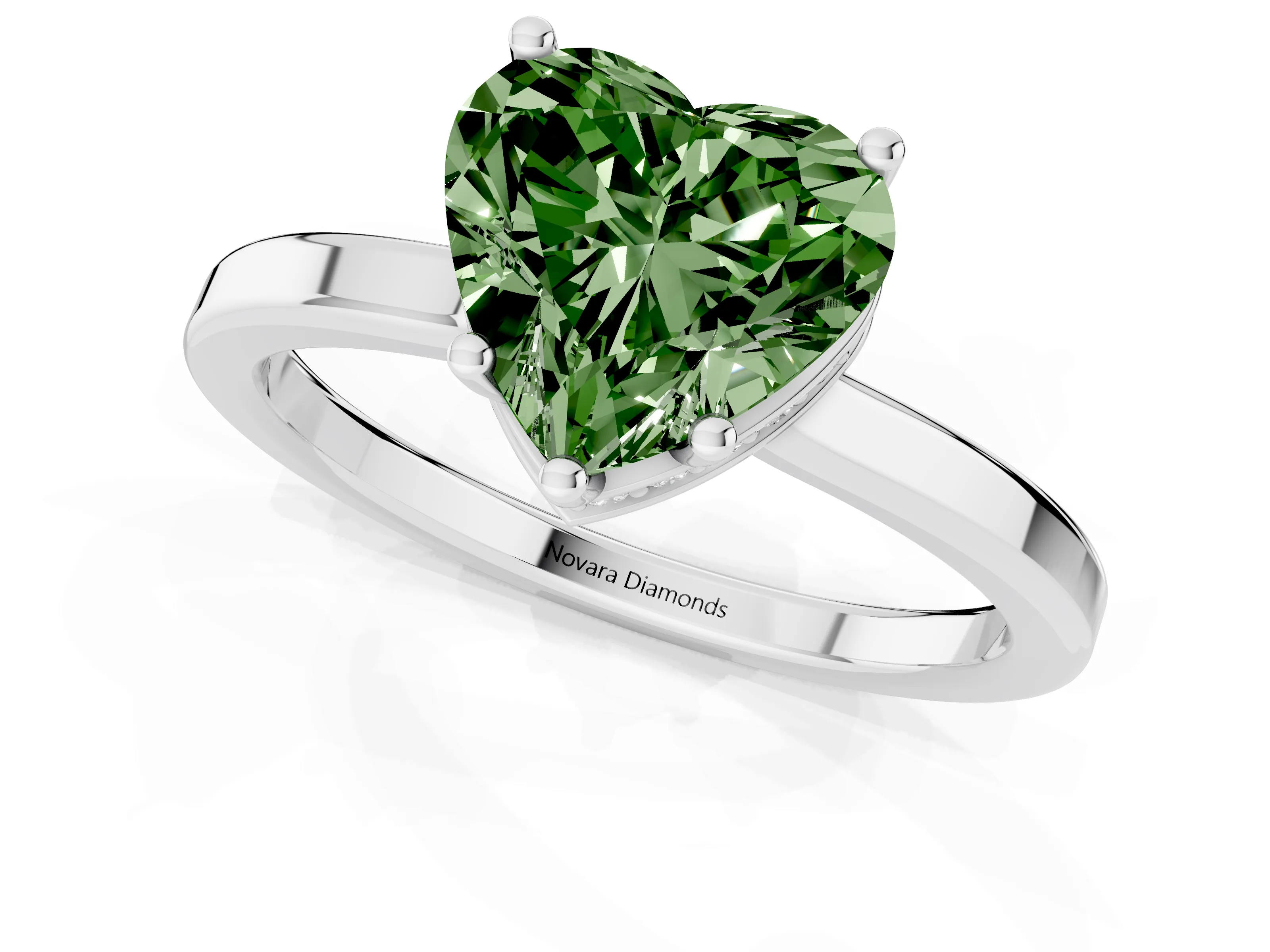 Fancy Green Heart Cut Diamond Solitaire Engagement Ring Set in White gold with Prong Setting on a Plain Band