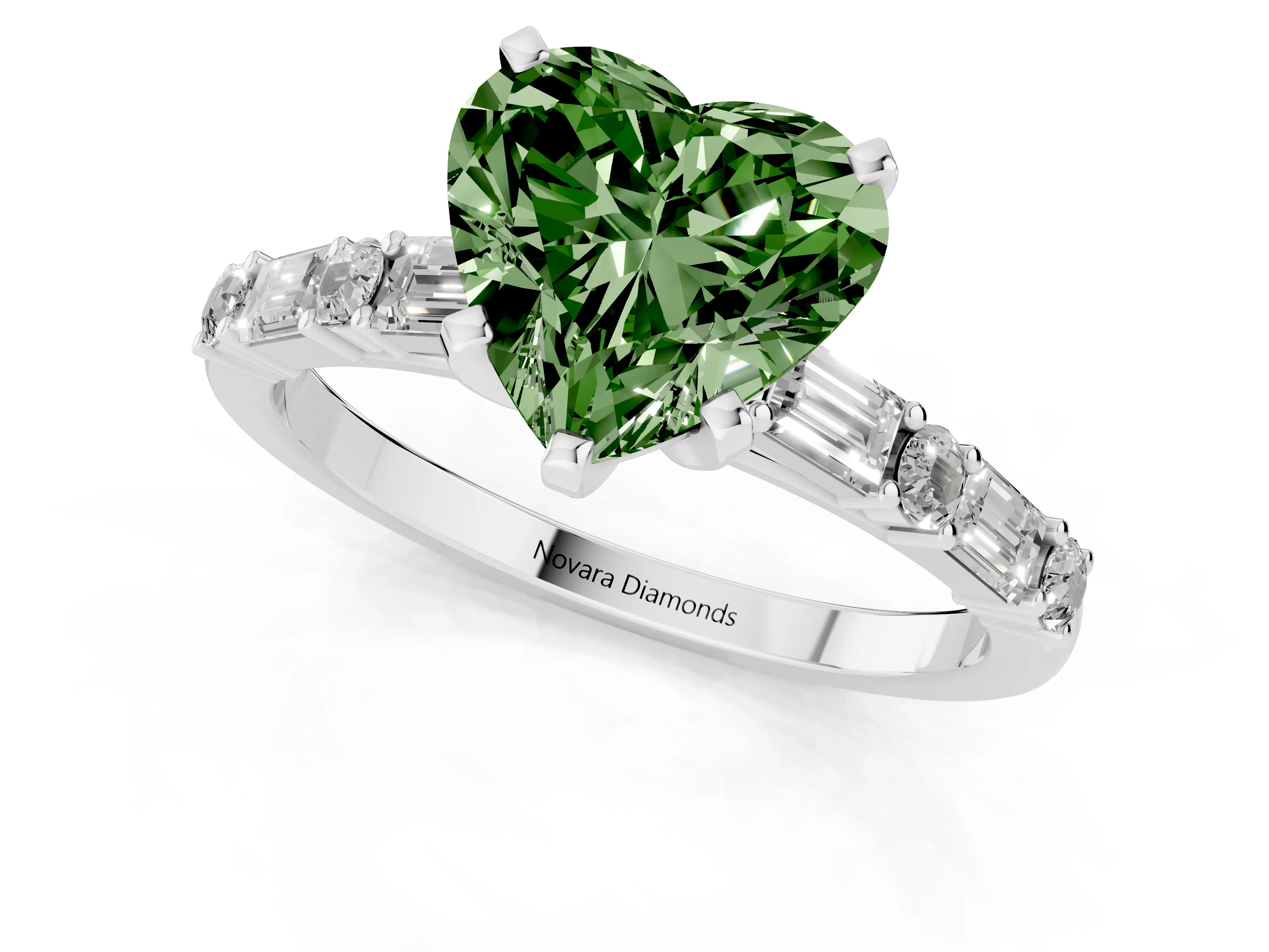 Fancy Green Heart Cut Diamond Solitaire Set in Silver with Side Baguettes and Channel Set Band