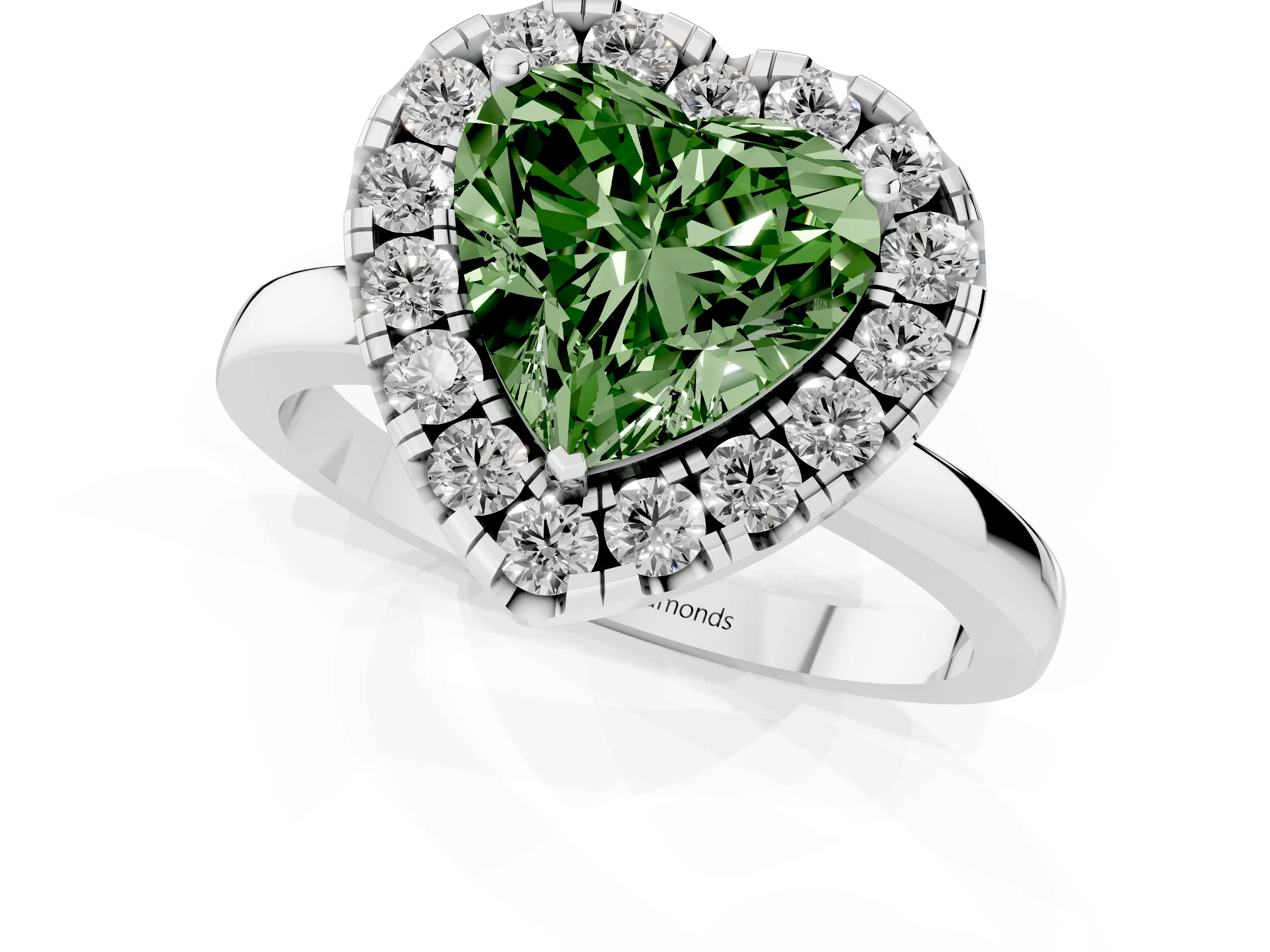 Fancy Green Heart Cut Diamond Halo Solitaire Ring Set in Silver with Pavé Band and Prong Setting