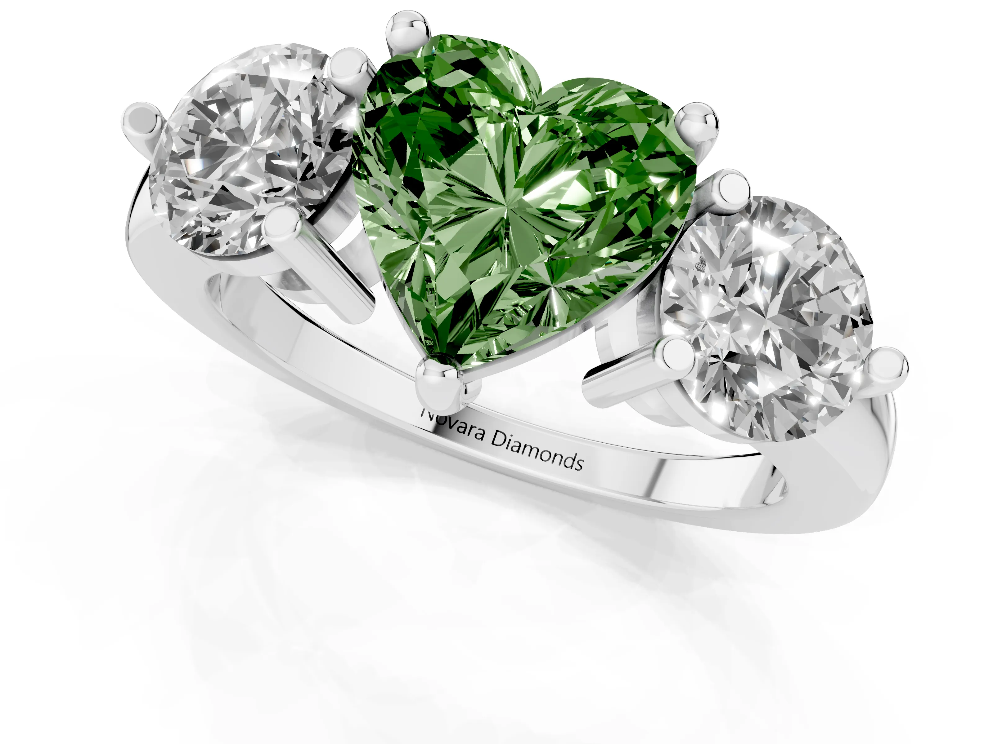 Fancy Green Heart Cut Diamond Three-Stone Ring Set in Platinum with Prong Setting and Classic Band