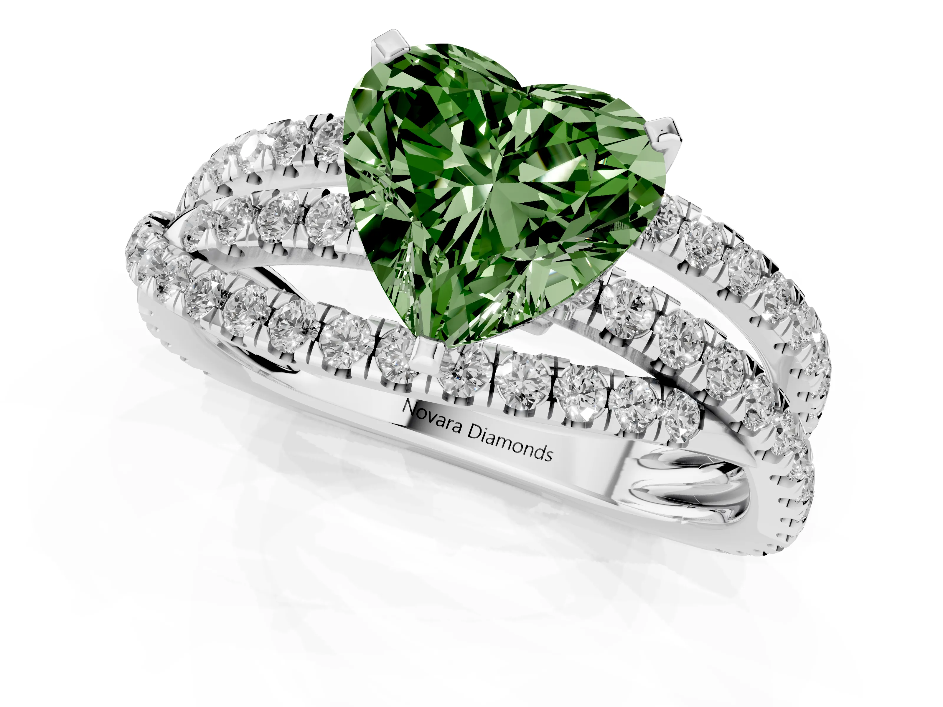 Fancy Green Heart Cut Diamond Solitaire Twist Band Ring Set in Silver with Pavé Setting and Prong Head