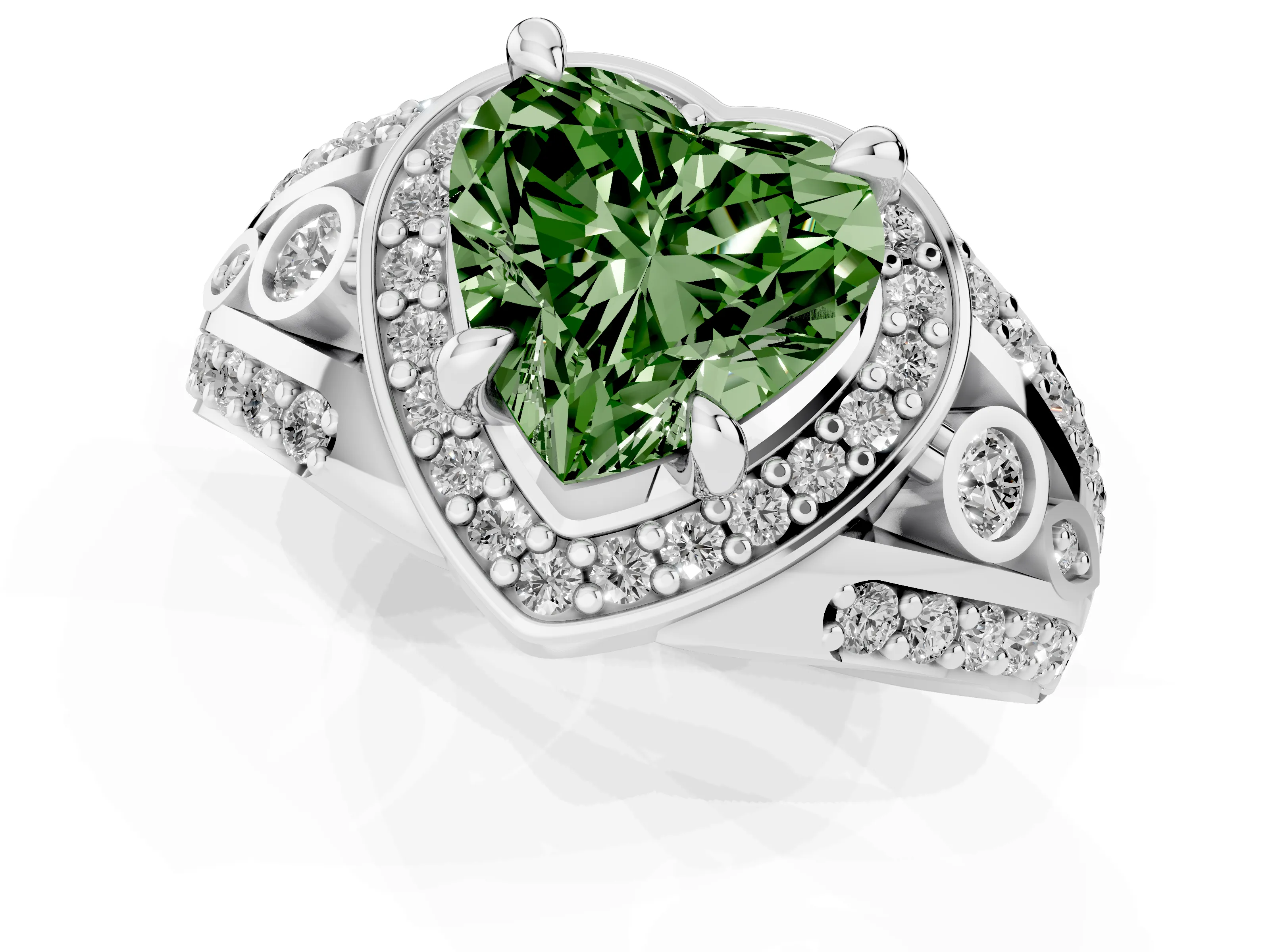 Fancy Green Heart Cut Diamond Halo Ring Set in White gold with Pavé Split Shank and Bezel Accents