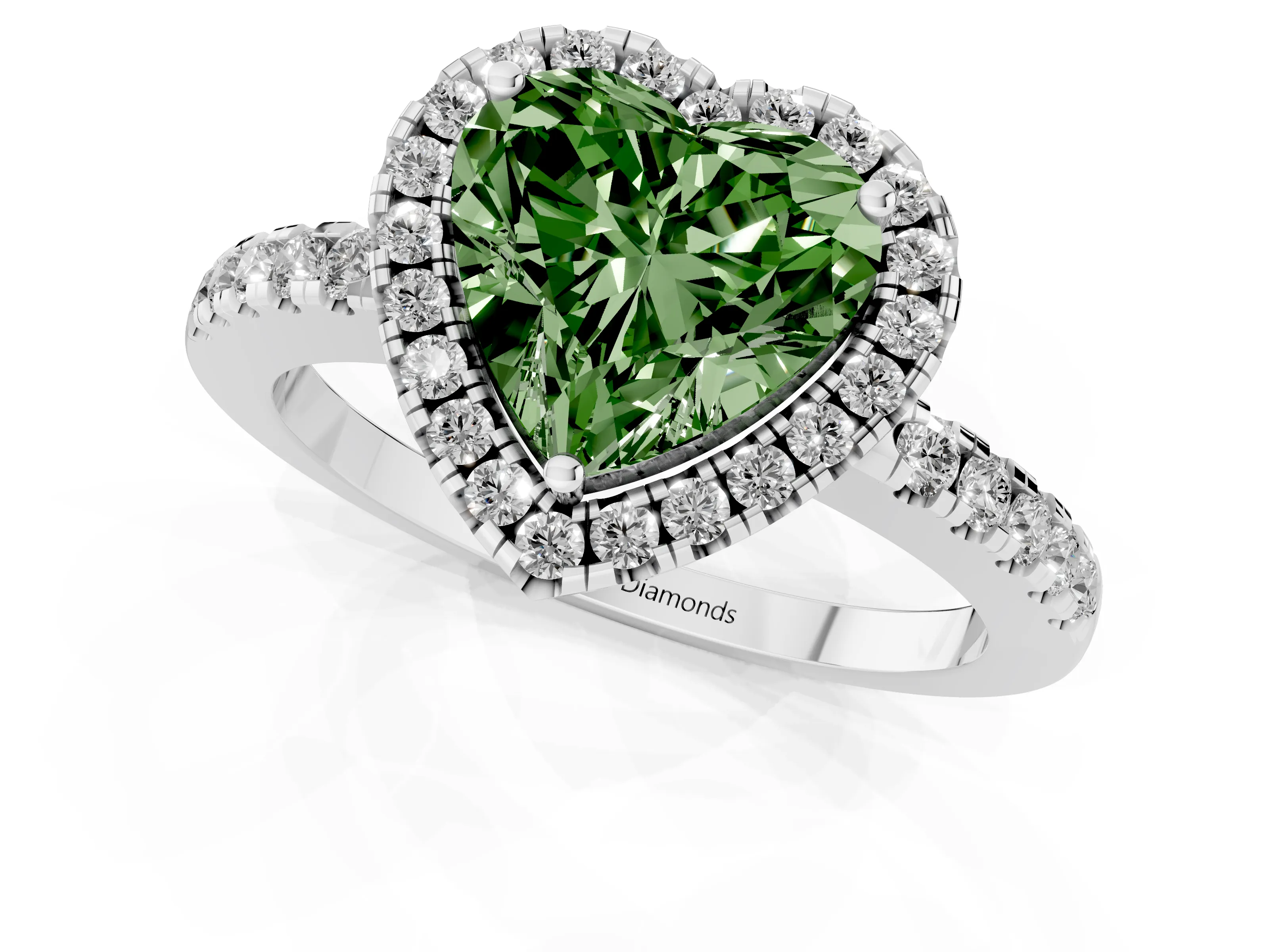 Fancy Green Heart Cut Diamond Pavé Band Halo Engagement Ring Set in White gold with Prong Setting