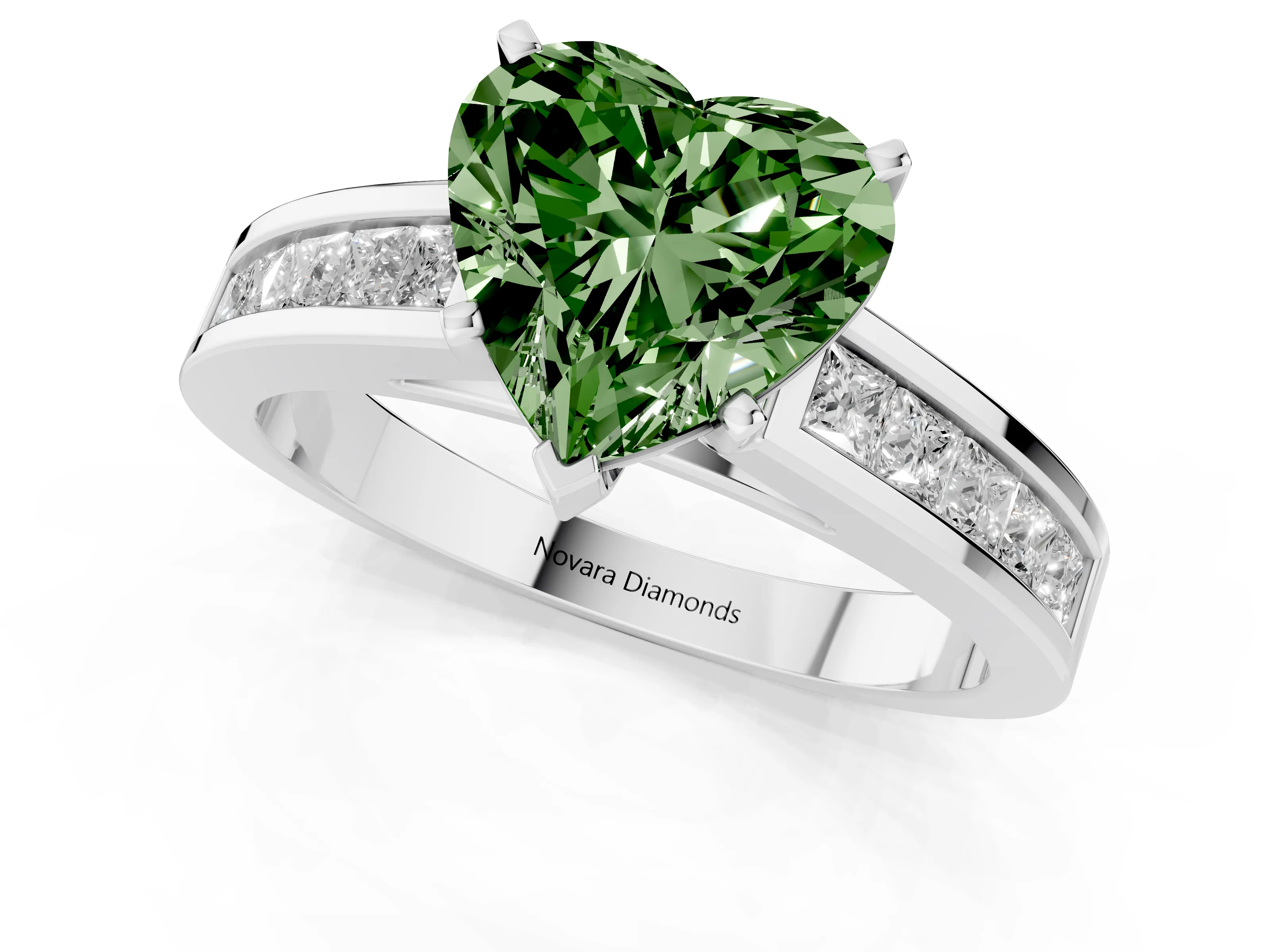 Fancy Green Heart Cut Diamond Solitaire Ring Set in Platinum with Channel-Set Band and Prong Setting