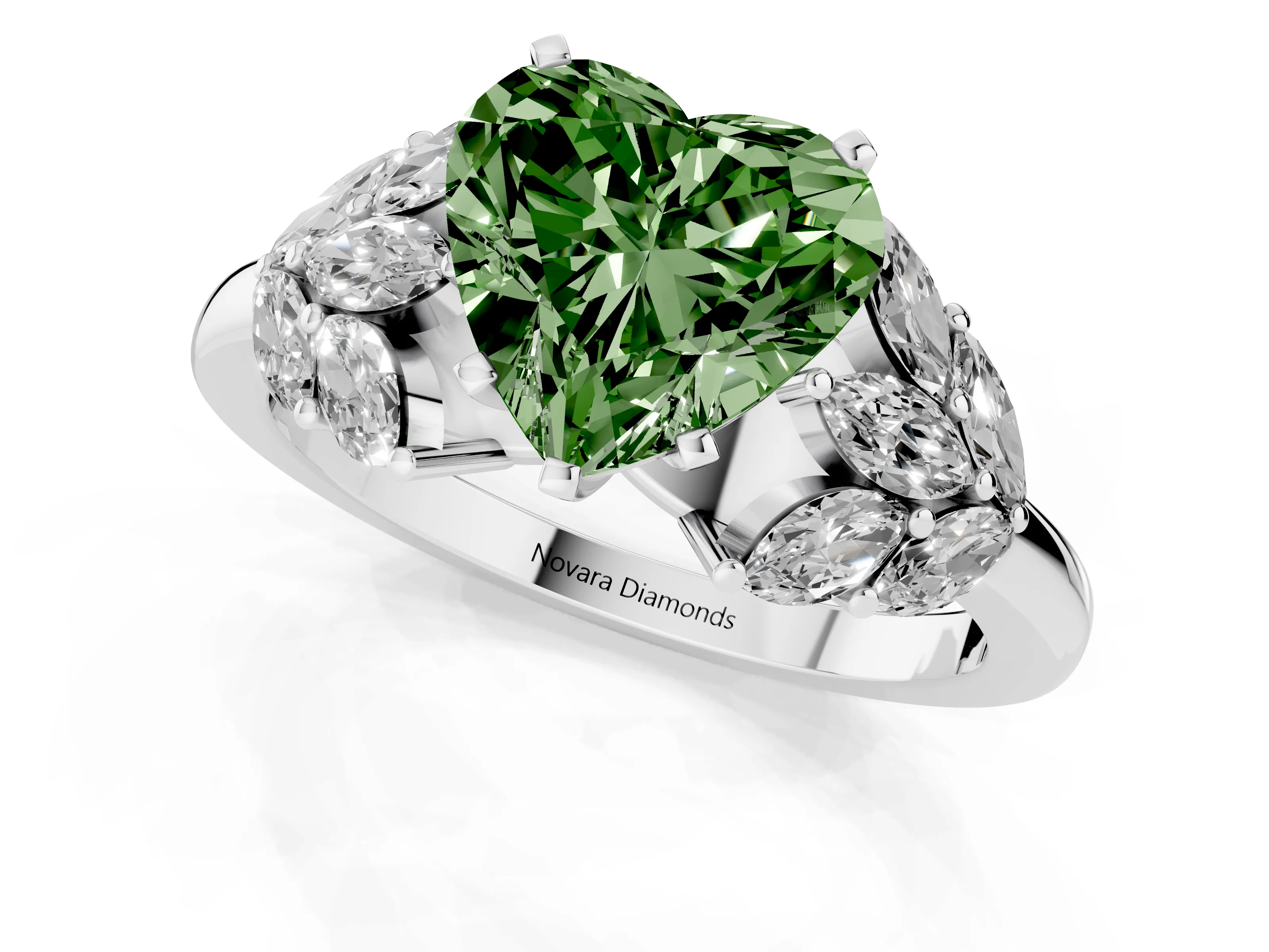 Fancy Green Heart Cut Diamond Cluster Leaf Design Ring Set in Silver with Prong Setting