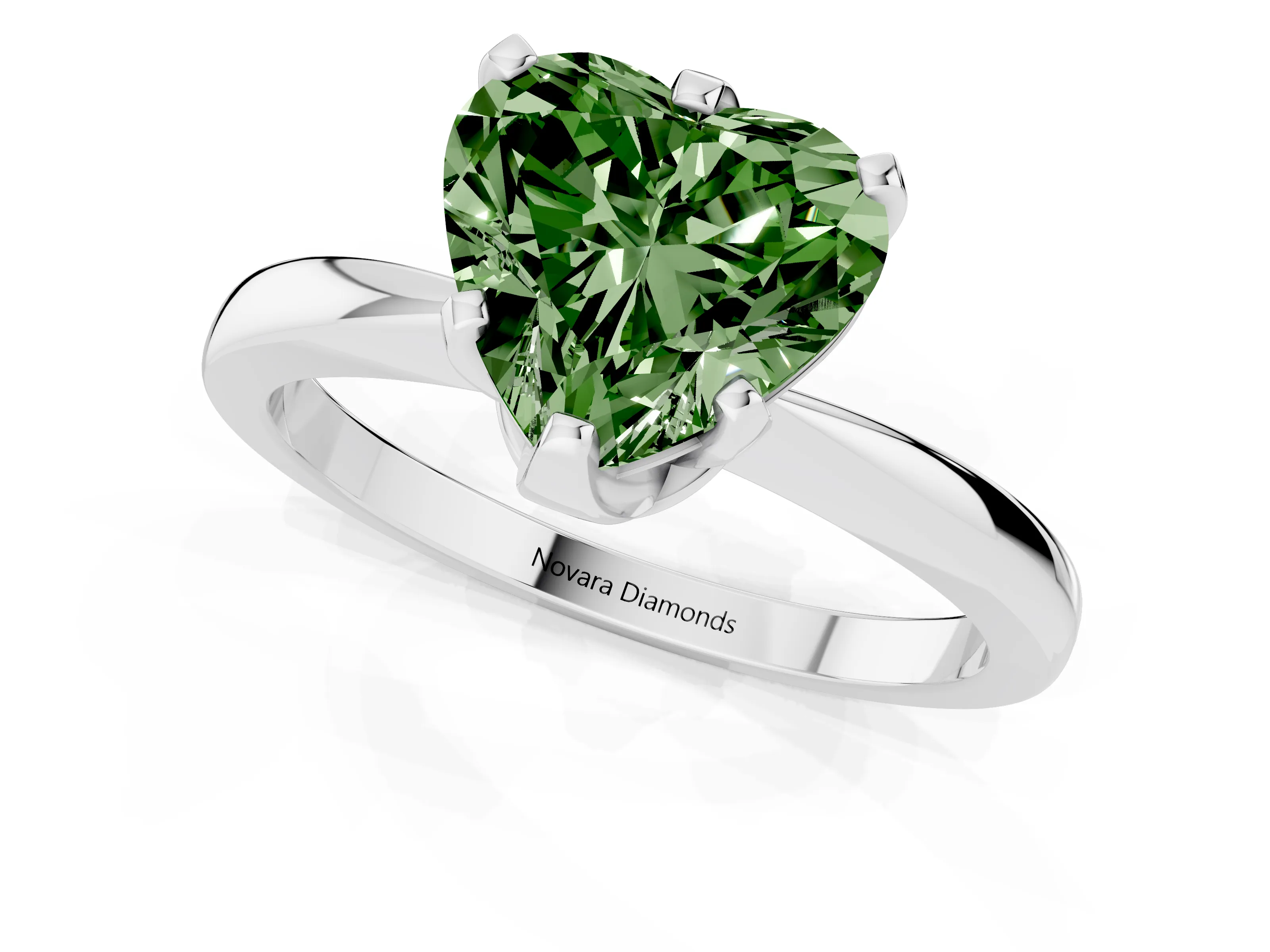 Fancy Green Heart Cut Diamond Solitaire Engagement Ring Set in Platinum with Slim Tapered Solitaire Band
