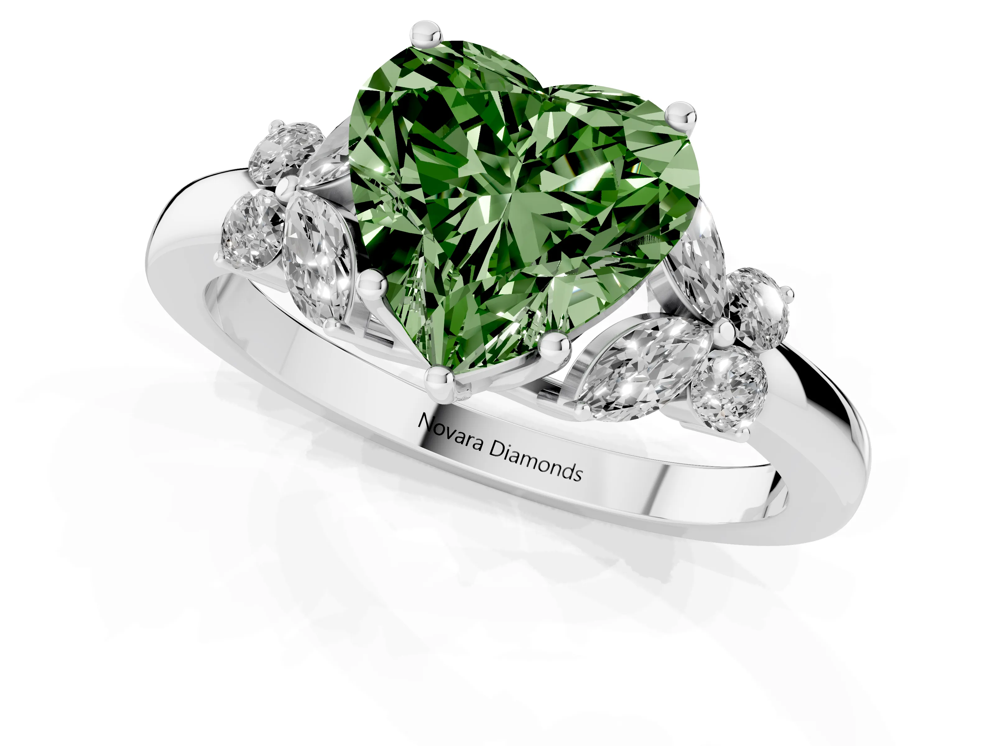 Fancy Green Heart Cut Diamond Solitaire Floral Ring Set in Platinum with Marquise Petals and Prong Setting