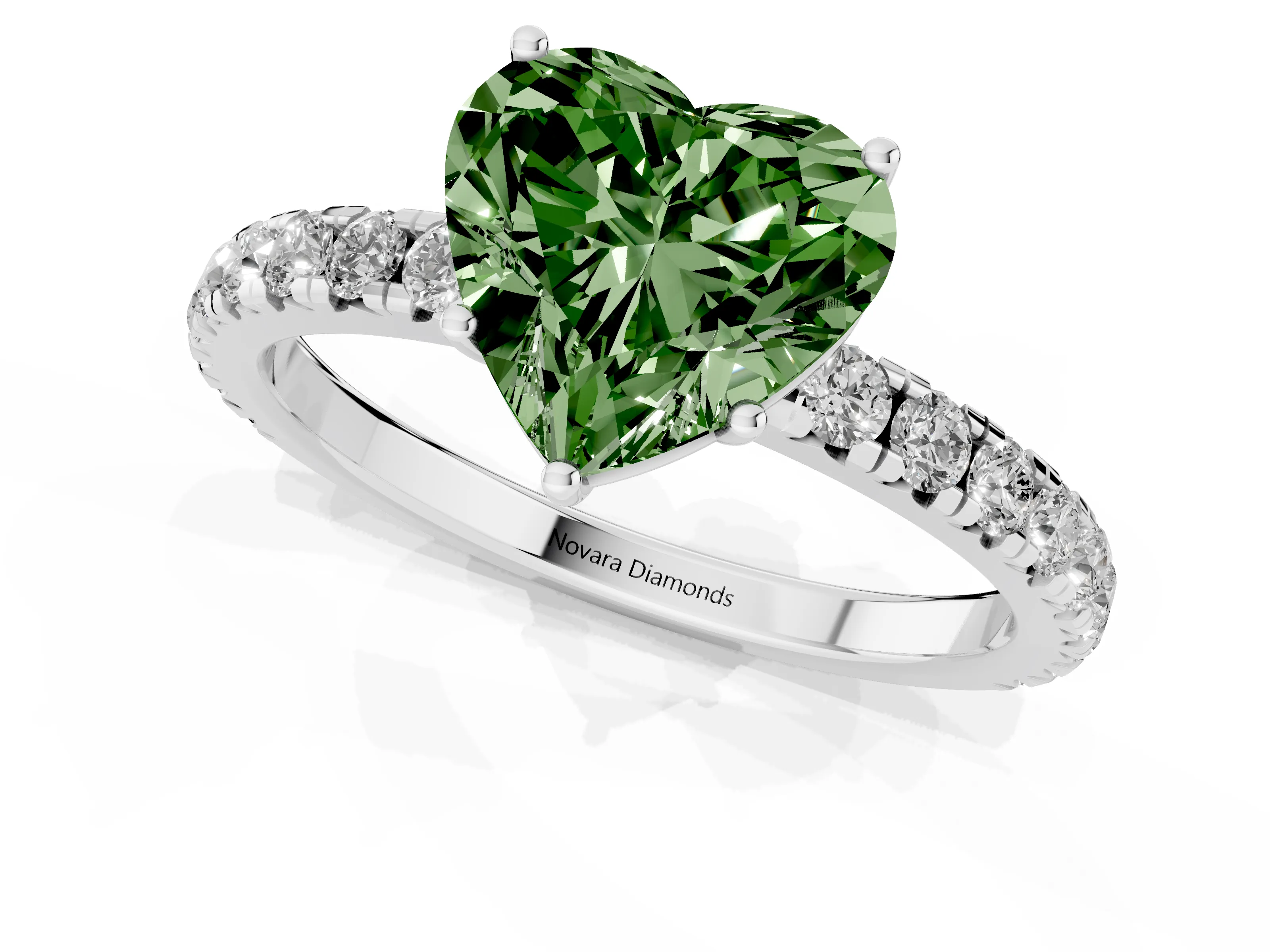 Fancy Green Heart Cut Diamond Pavé Solitaire Engagement Ring Set in White gold with Prong Setting