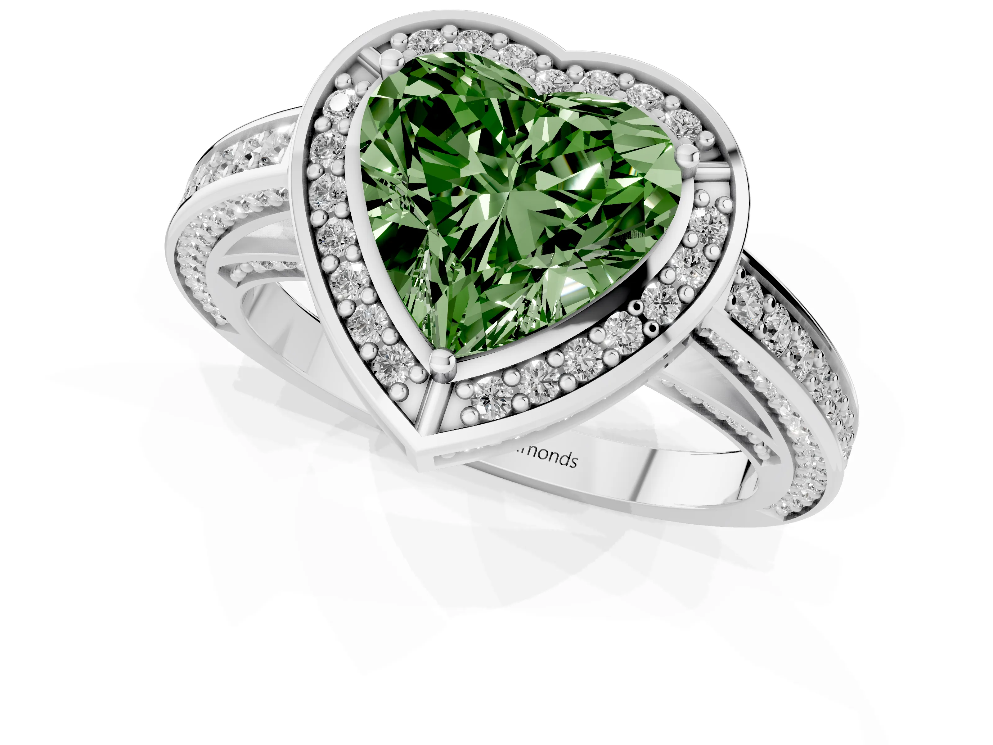 Fancy Green Heart Cut Diamond Halo Pavé Split Shank Ring Set in Platinum with Prong Setting