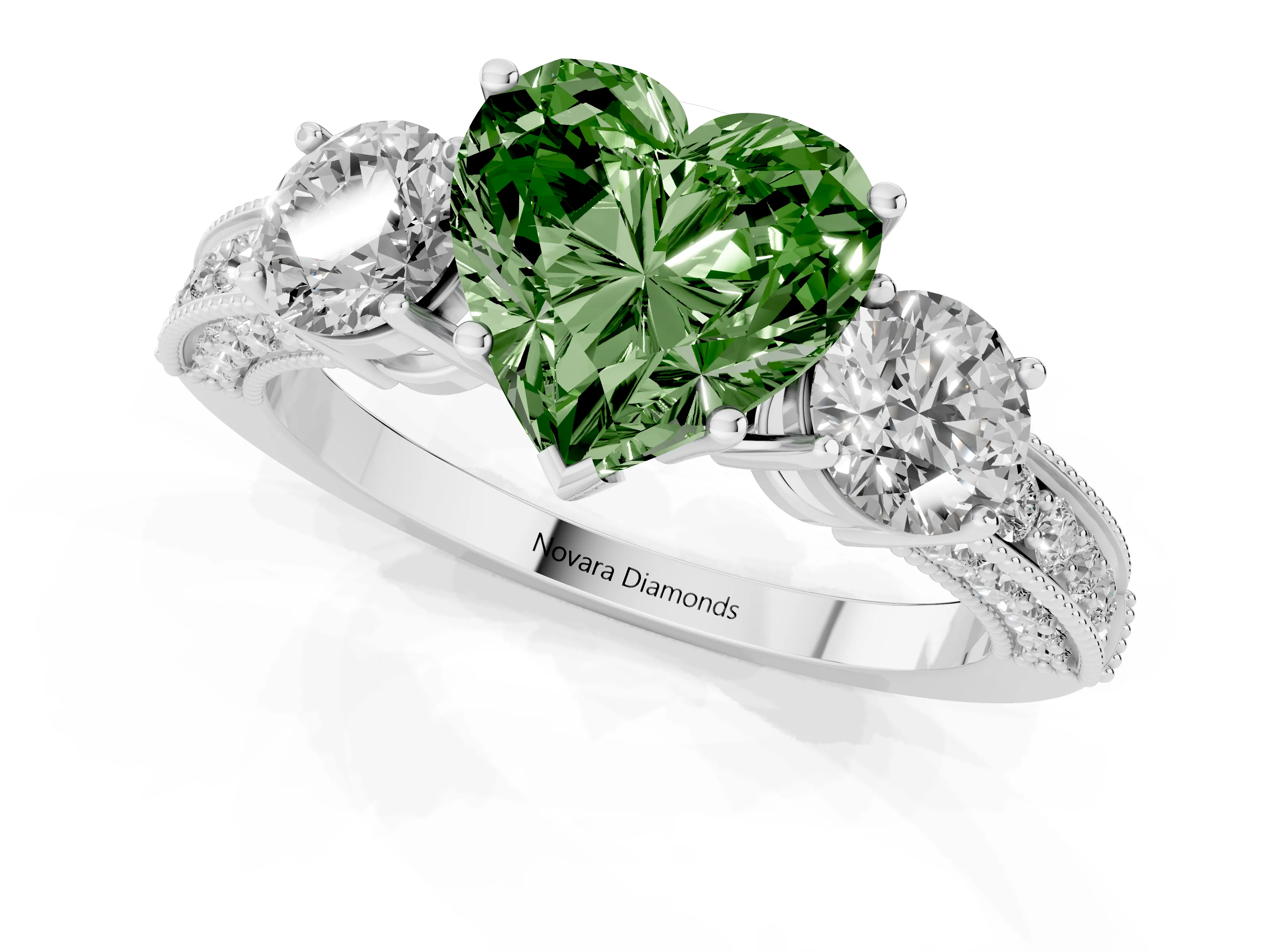 Fancy Green Heart Cut Diamond Three-Stone Ring Set in White gold with Round Side Stones and Pavé Band