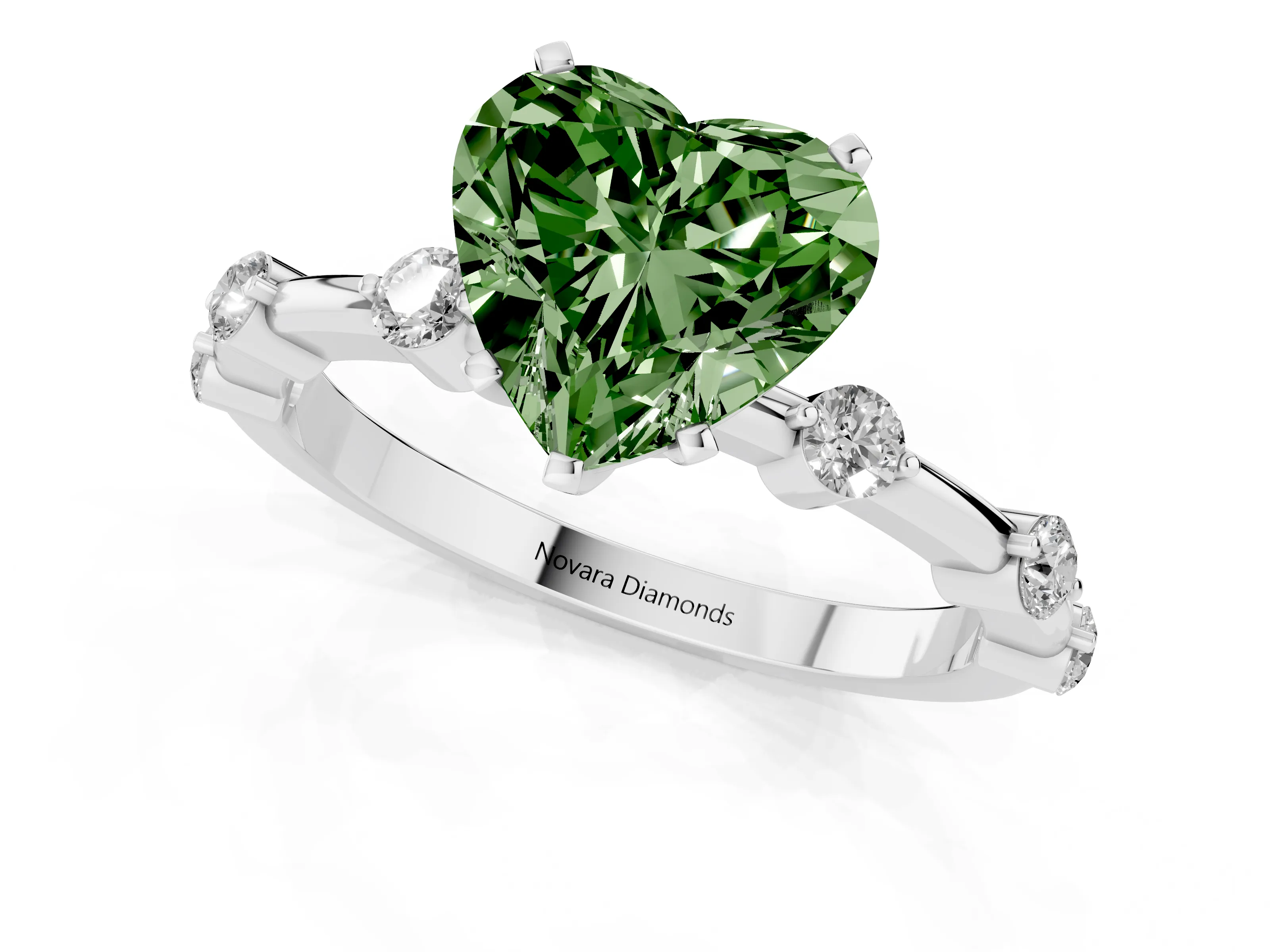 Fancy Green Heart Cut Diamond Solitaire Ring Set in Silver with Bezel Set Side Stones and Prong Setting