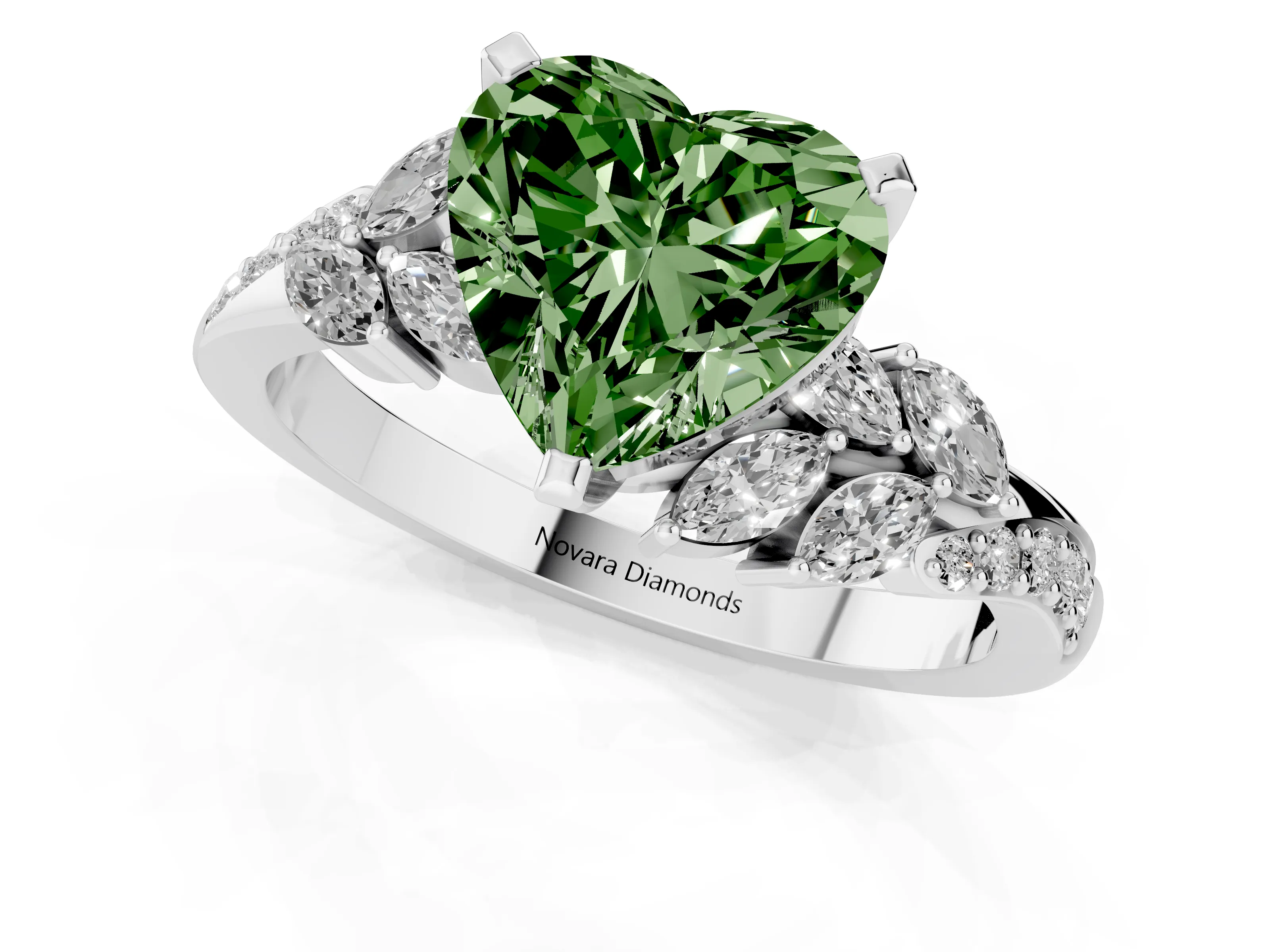 Fancy Green Heart Cut Diamond Solitaire Ring Set in Platinum with Marquise Twist Band and Prong Setting