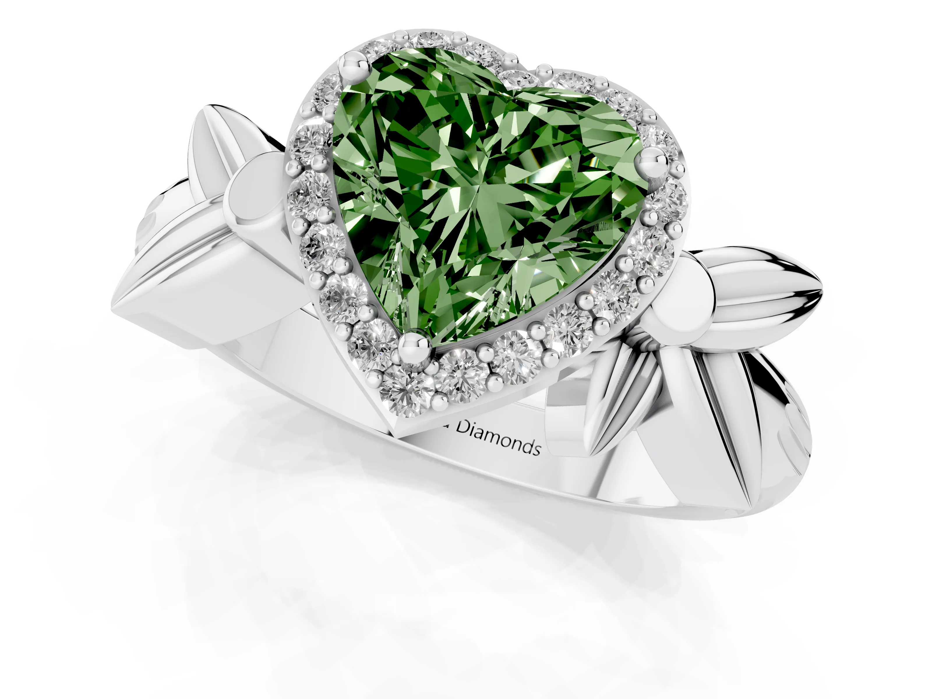 Fancy Green Heart Cut Diamond Halo Floral Band Ring Set in White gold with Prong Setting